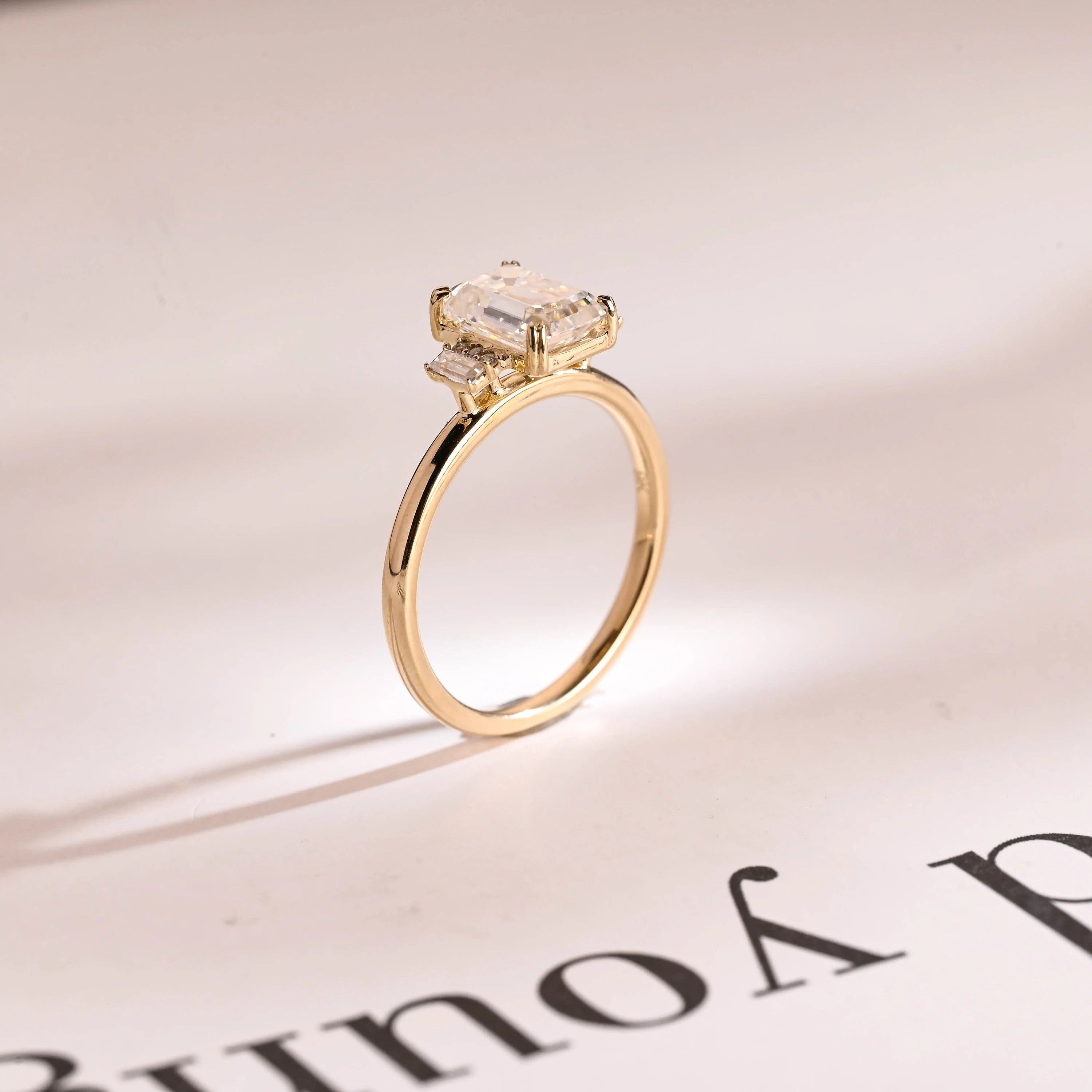 Solid Gold Emerald Cut Moissanite Engagement Ring, Dainty Cluster Promise Ring