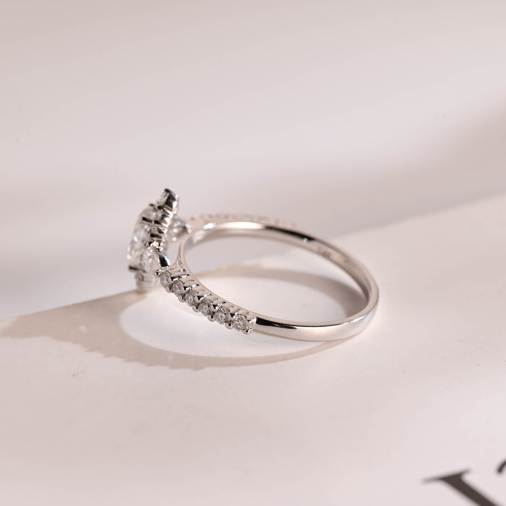 Solid Gold Halo Crushed Ice Oval Moissanite Engagement Ring, Half Eternity Proposal Ring
