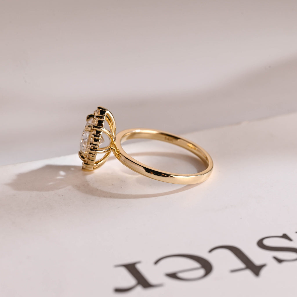 Solid Gold Sunflower Round Moissanite Engagement Ring, Dainty Promise Ring