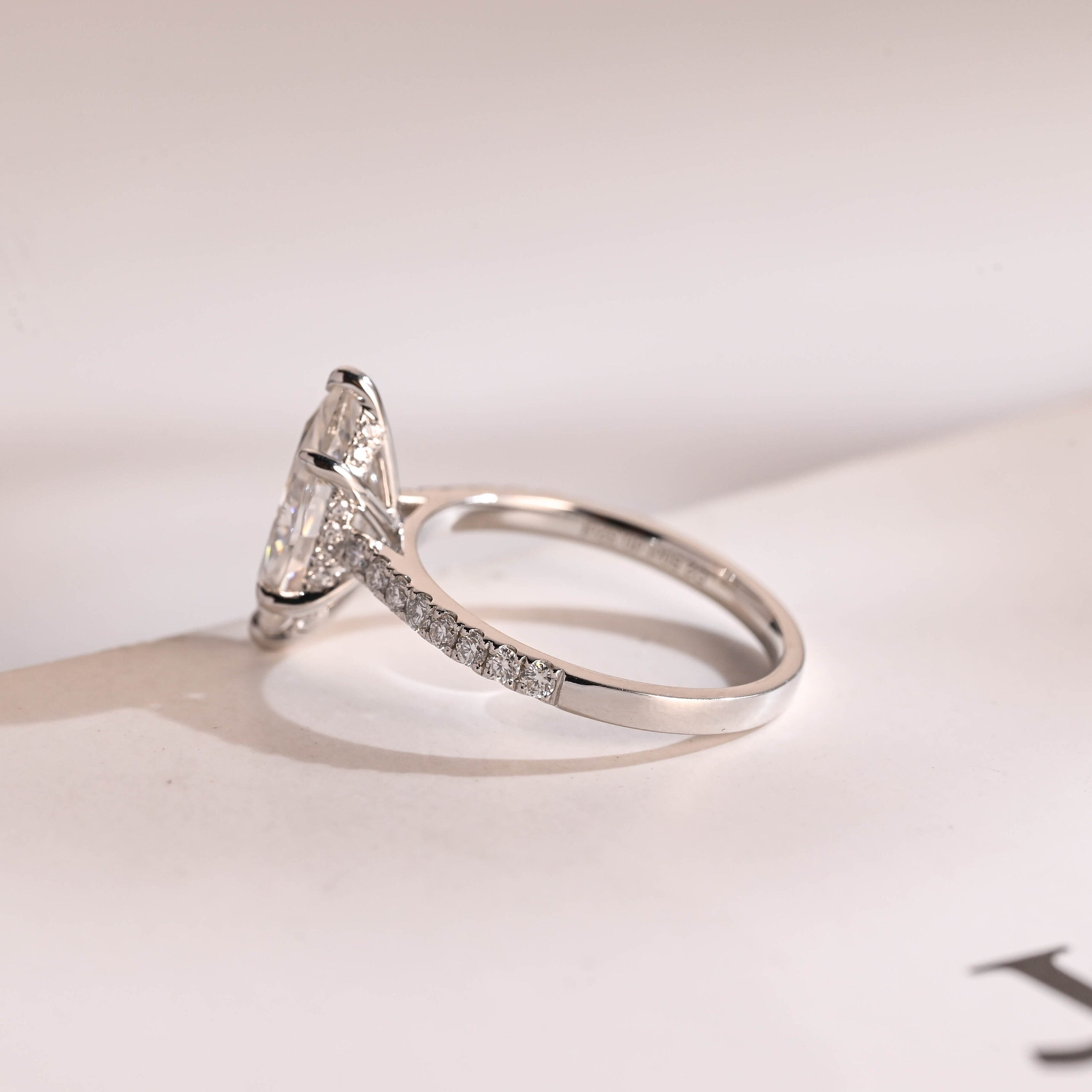 Solid Gold Marquise Cut Moissanite Engagement Ring with Hidden Halo