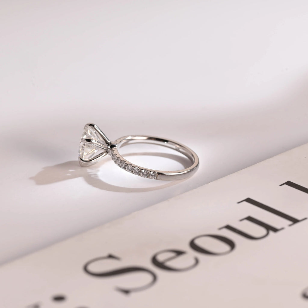 Solid Gold Half Eternity Round Moissanite Engagement Ring, Anniversary Gift for Wife