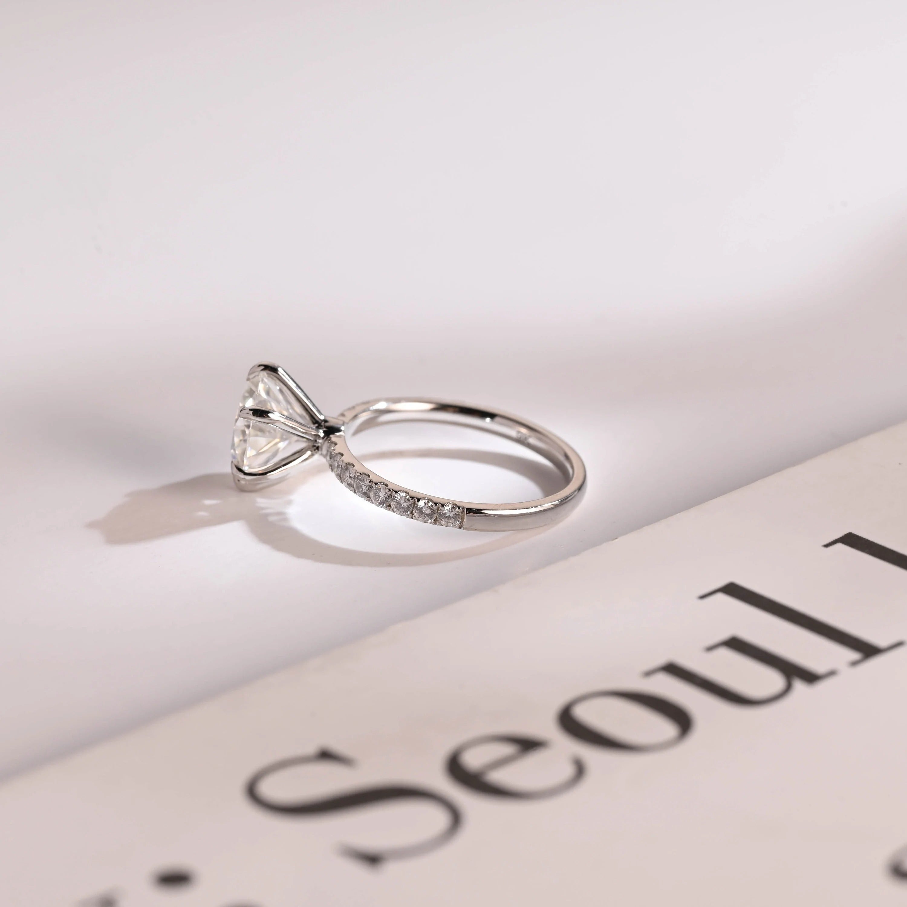 Solid Gold Half Eternity Round Moissanite Engagement Ring, Anniversary Gift for Wife