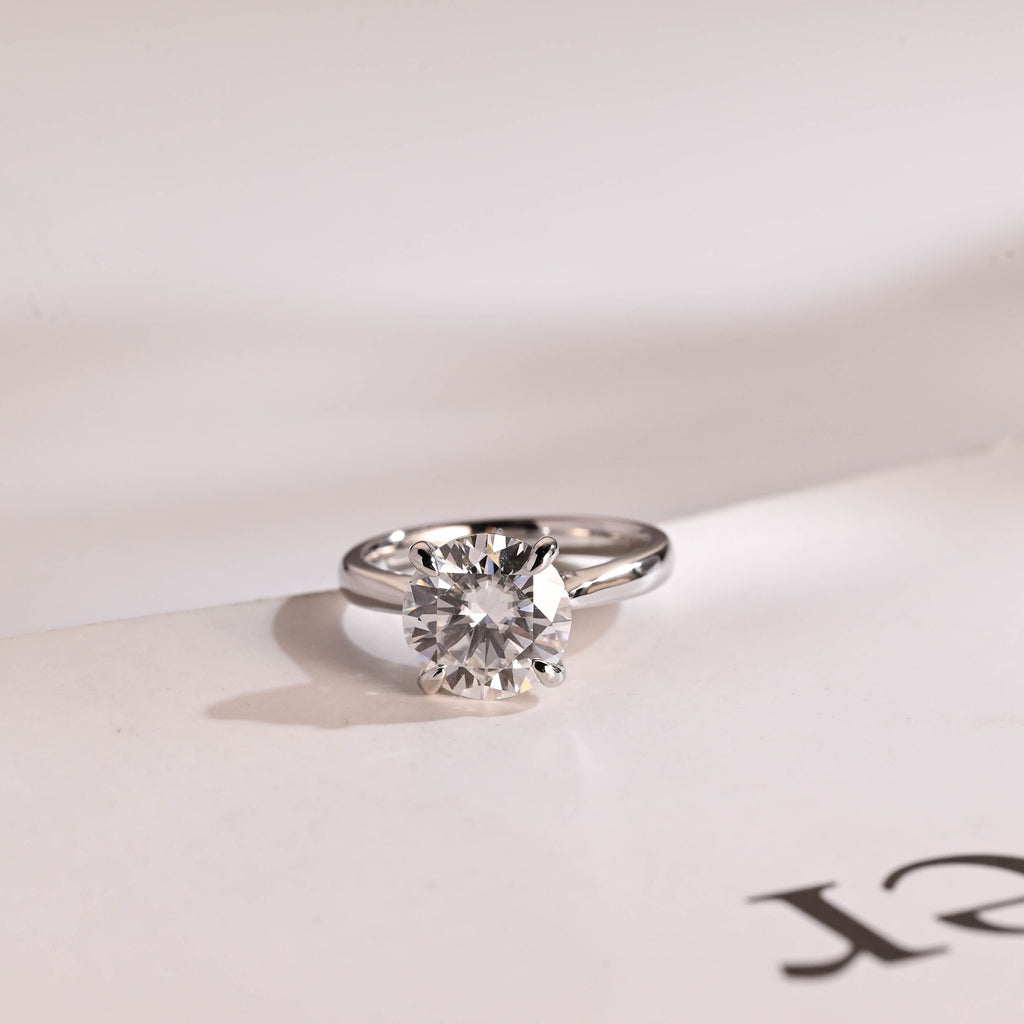 Solid Gold Round Cut Moissanite Engagement Ring with Hidden Halo