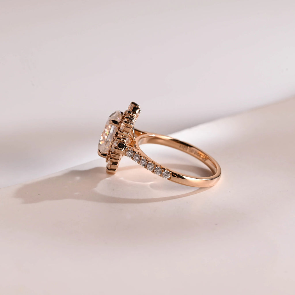 Solid Gold Floral Halo Oval Moissanite Half Eternity Engagement Ring