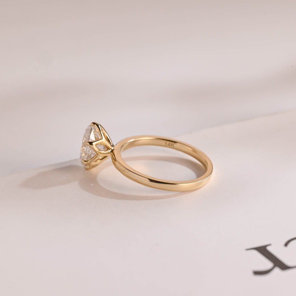 Solid Gold Minimalist Flower Oval Moissanite Engagement Ring, Promise Ring