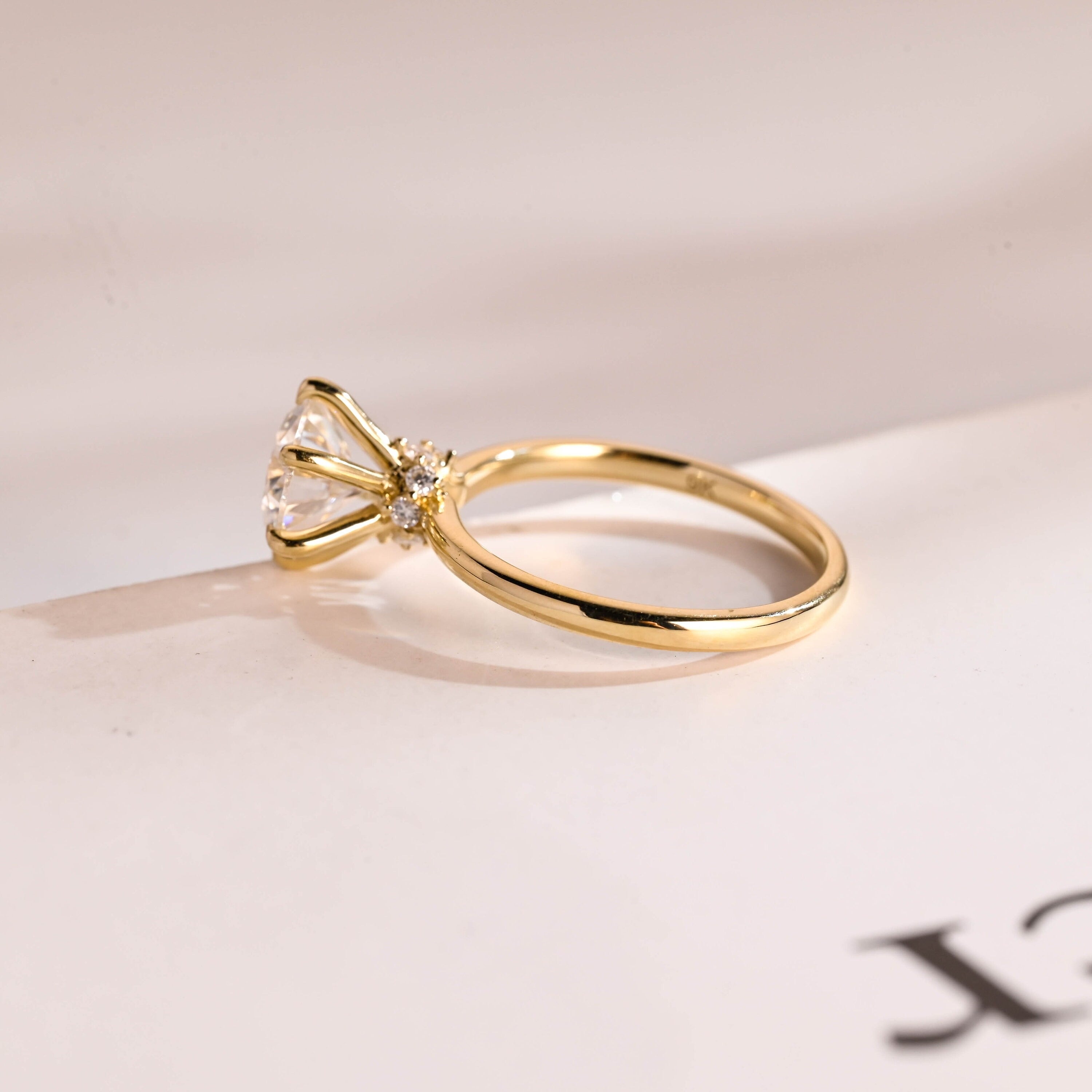 Solid Gold Hidden Halo Round Cut Moissanite Engagement Ring, Solitaire Promise Ring for Her