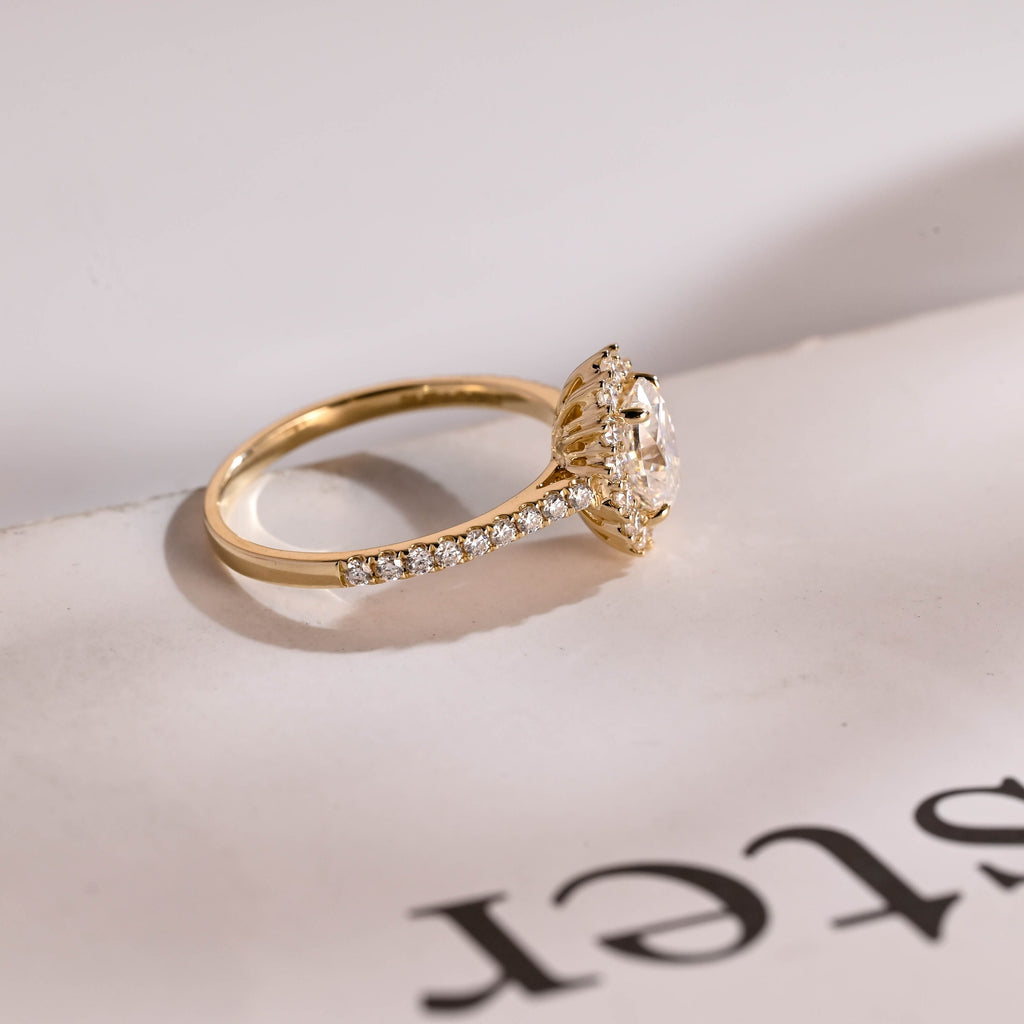Solid Gold Floral Halo Oval Moissanite Engagement Ring, Half Eternity Proposal Ring
