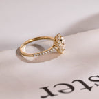 Solid Gold Floral Halo Oval Moissanite Engagement Ring, Half Eternity Proposal Ring