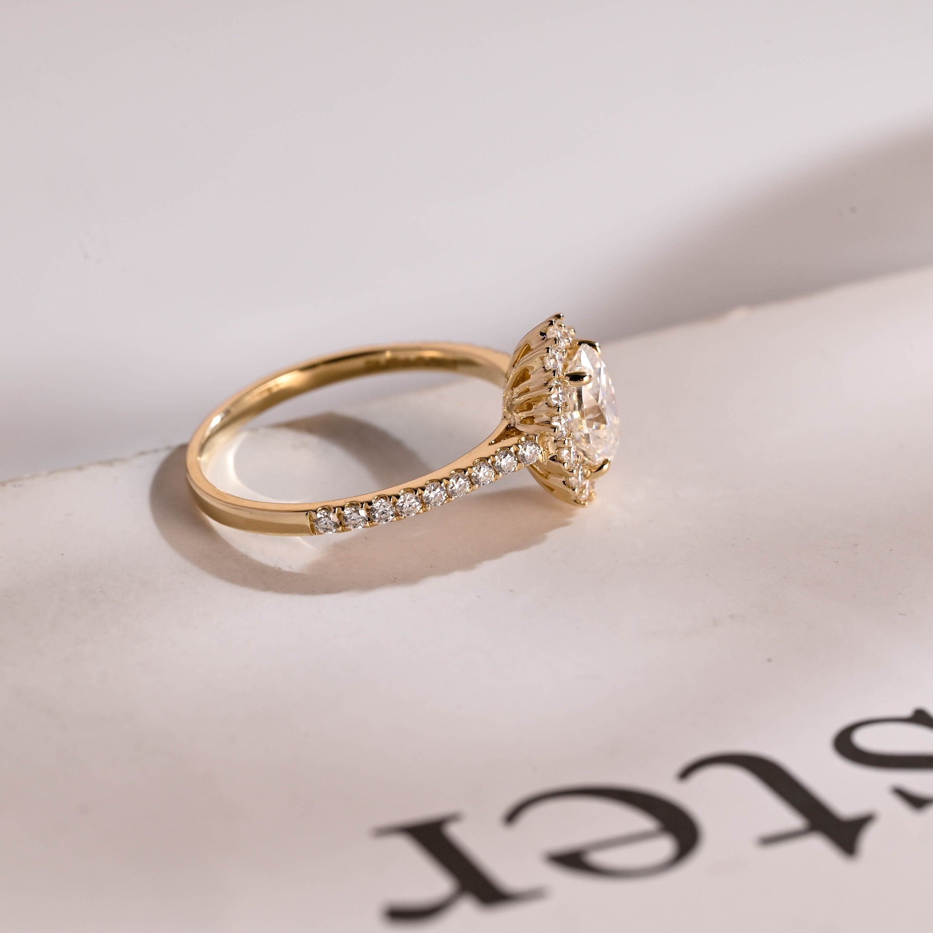 Solid Gold Floral Halo Oval Moissanite Engagement Ring, Half Eternity Proposal Ring