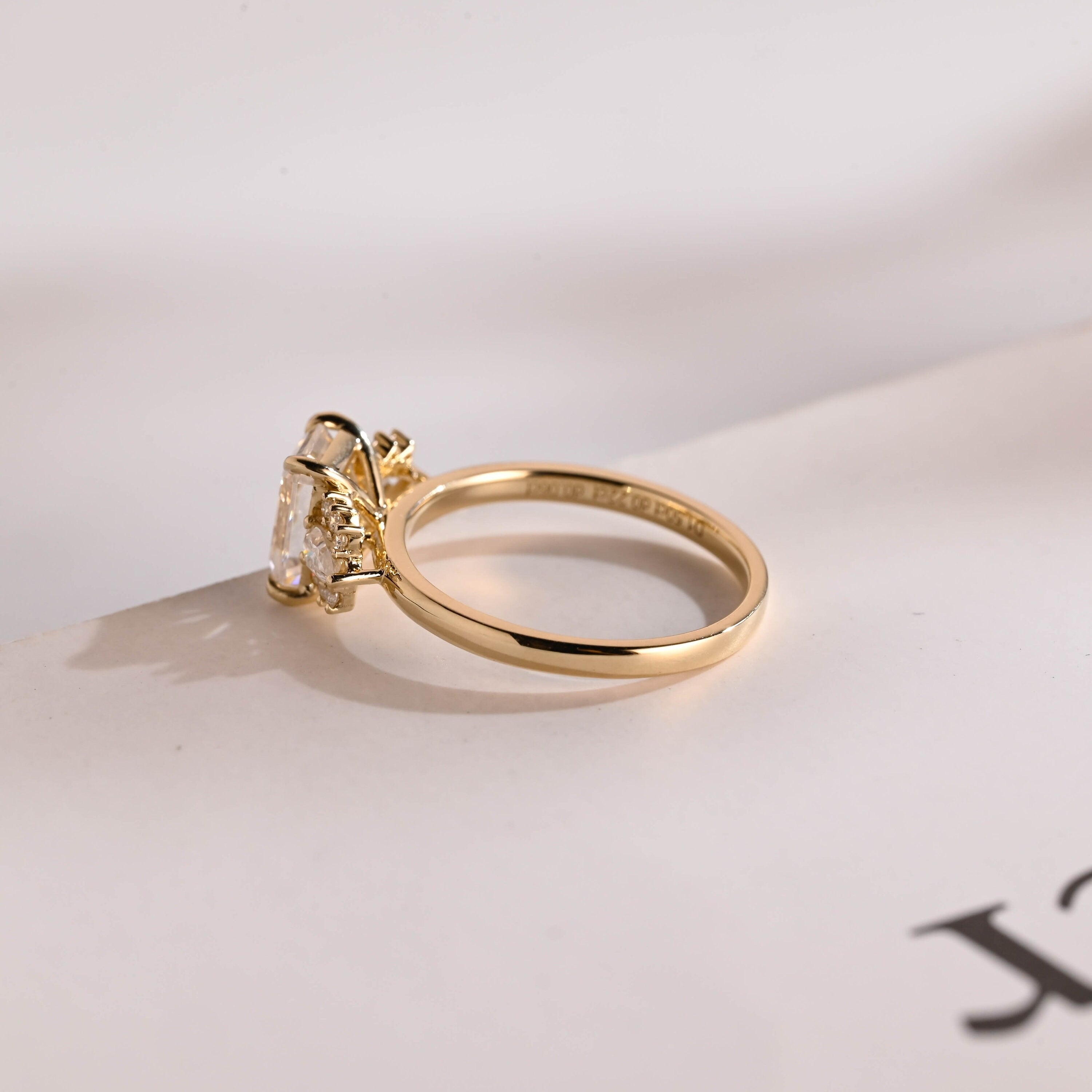 Solid Gold Emerald Cut Moissanite Engagement Ring With Trapezoid, Dainty Cluster Promise Ring