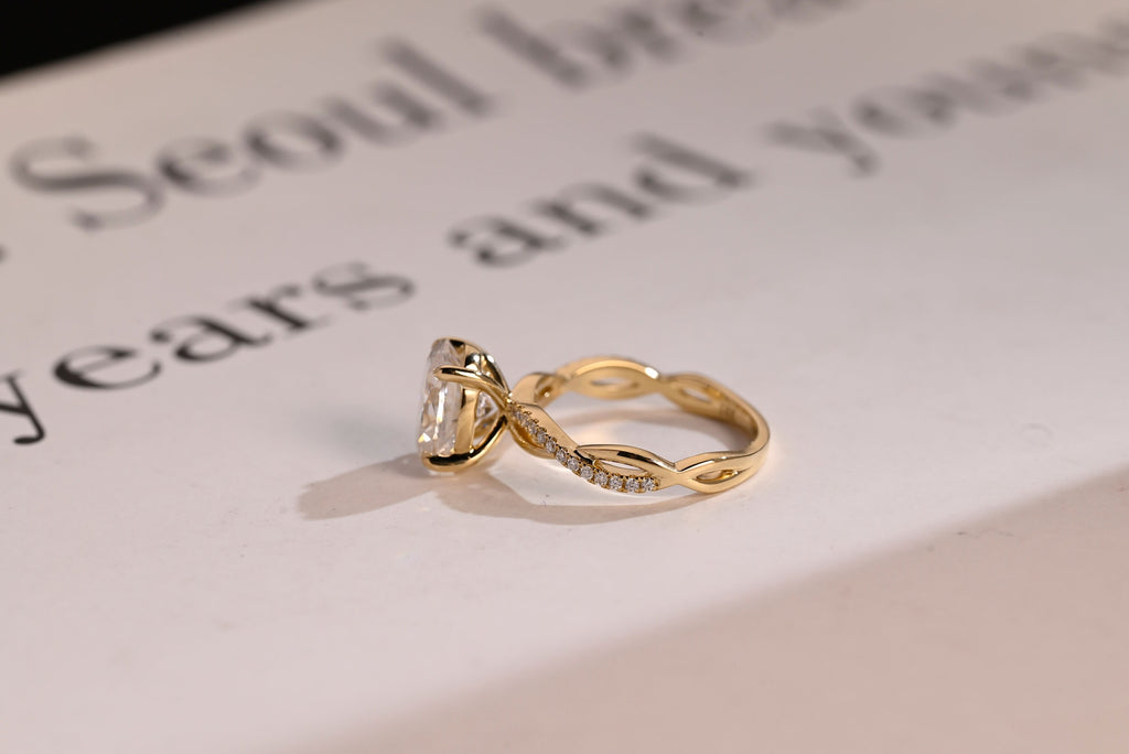 Solid Gold Oval Moissanite Engagement Ring, Twisted Band Half Eternity Bridal Ring