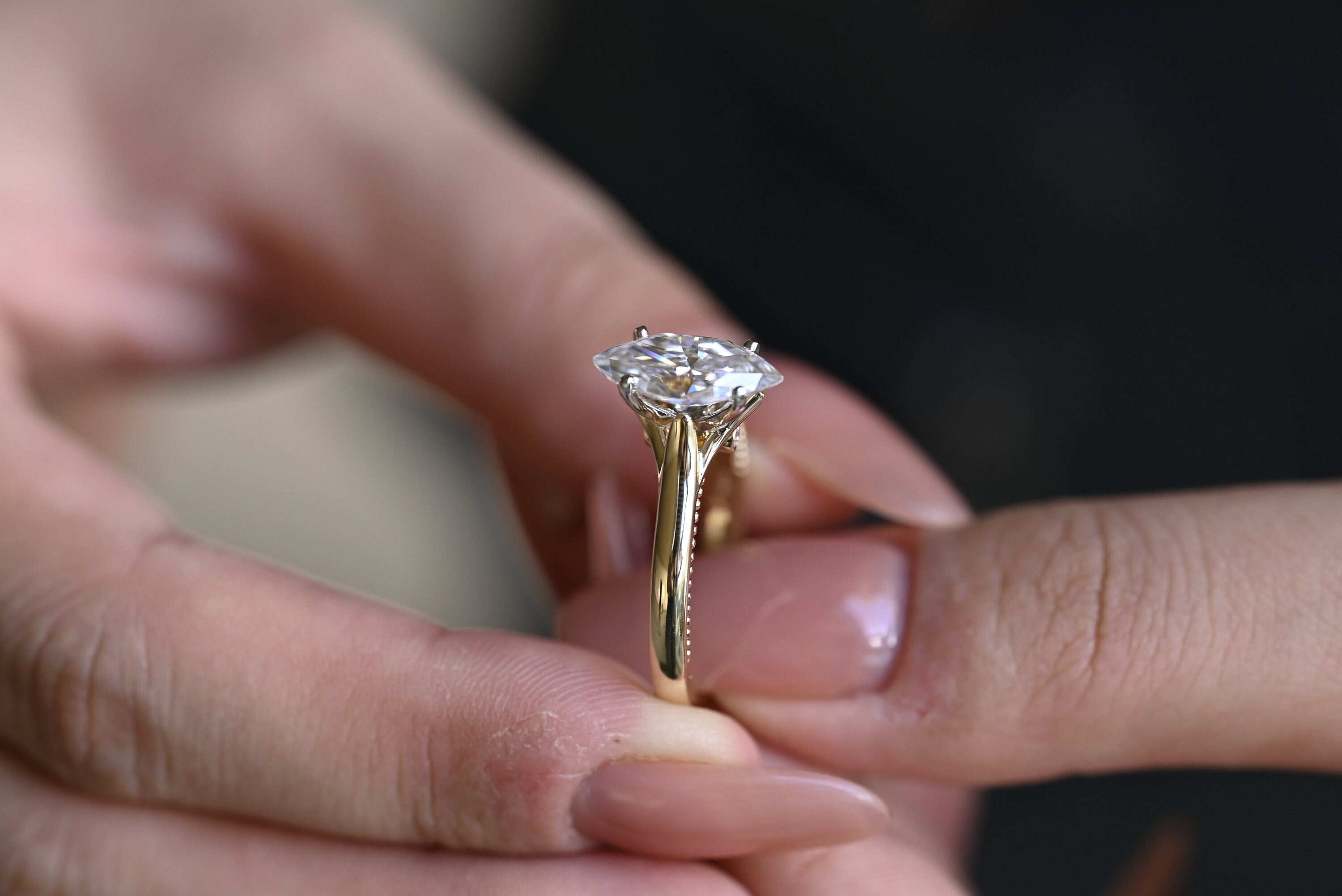 Solid Gold Two Tone Marquise Moissanite Engagement Ring, Unique Proposal Ring