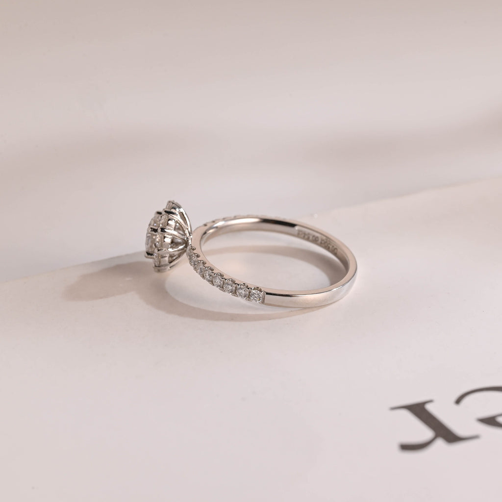 Solid Gold Sunflower Round Moissanite Engagement Ring, Half Eternity Promise Ring