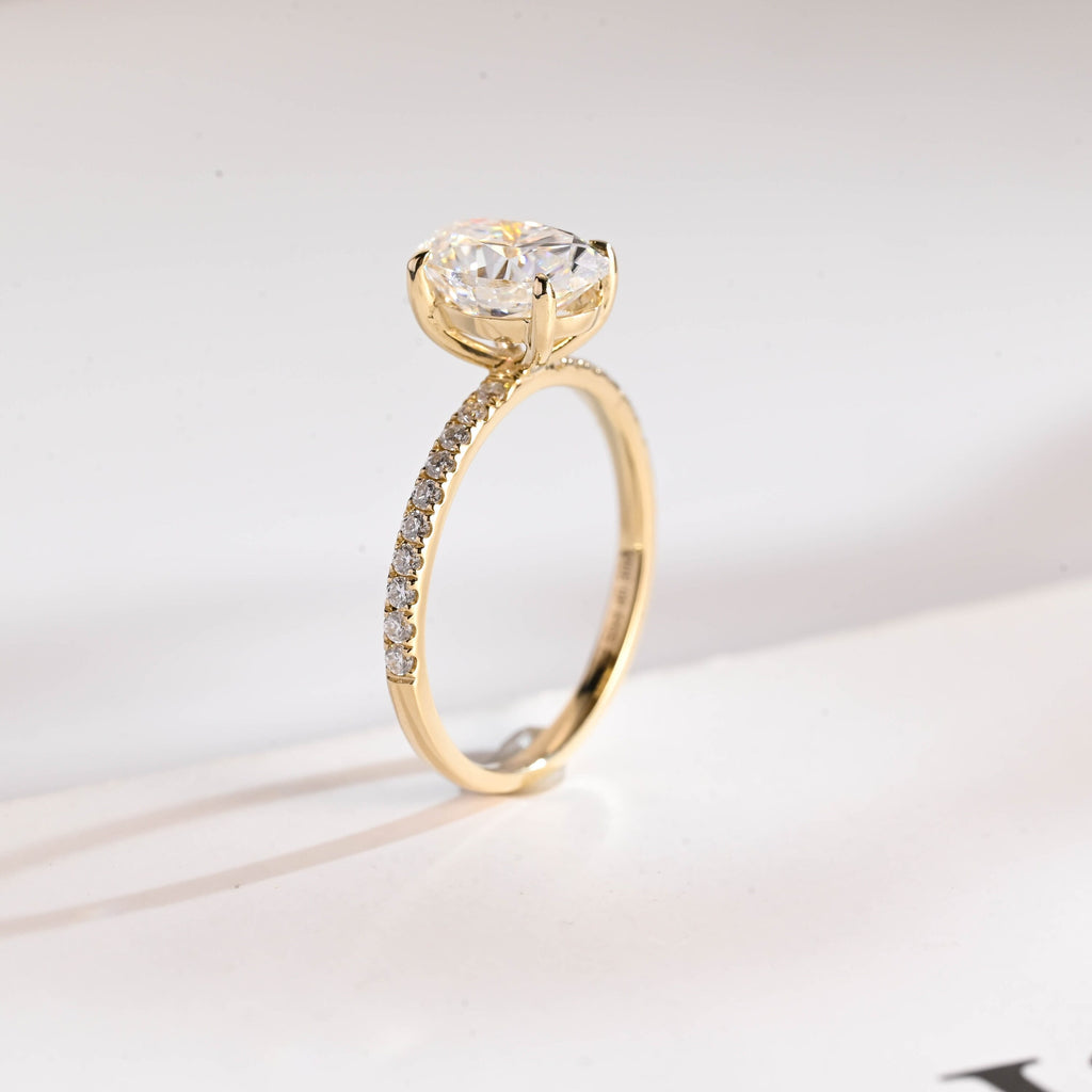 Solid Gold Oval Moissanite Engagement Ring, Half Pave Promise Ring