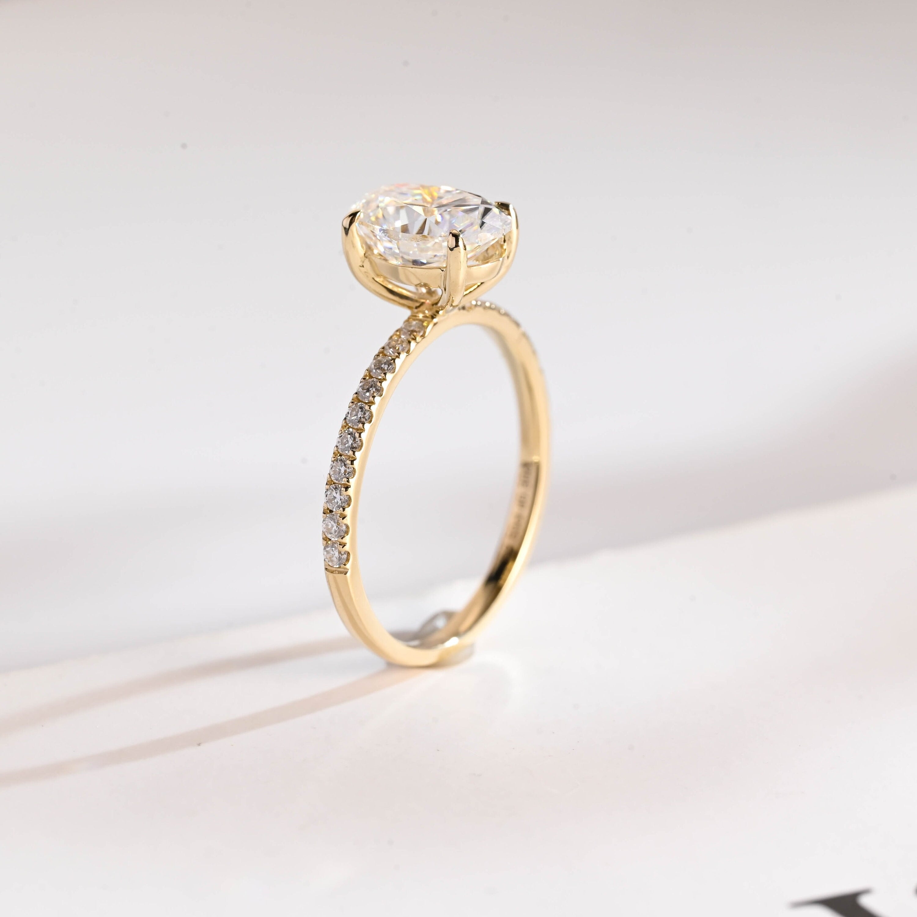 Solid Gold Oval Moissanite Engagement Ring, Half Pave Promise Ring