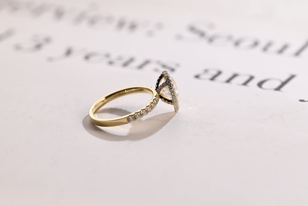 Solid Gold Pear Moissanite Engagement Ring, Half Eternity & Halo Promise/Proposal Ring