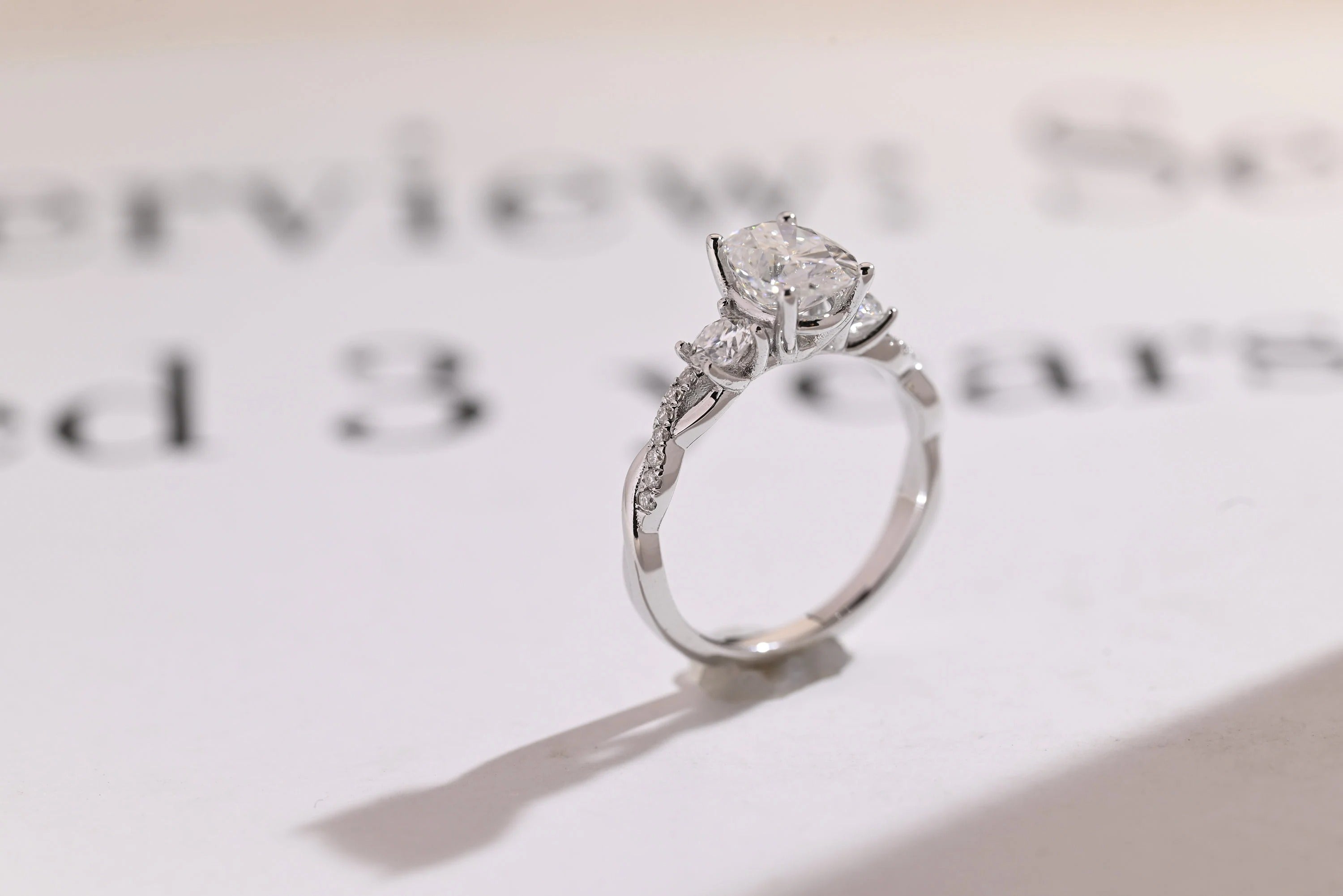 Solid Gold Oval Moissanite Engagement Ring, Twisted Band Half Eternity Bridal Ring Main image