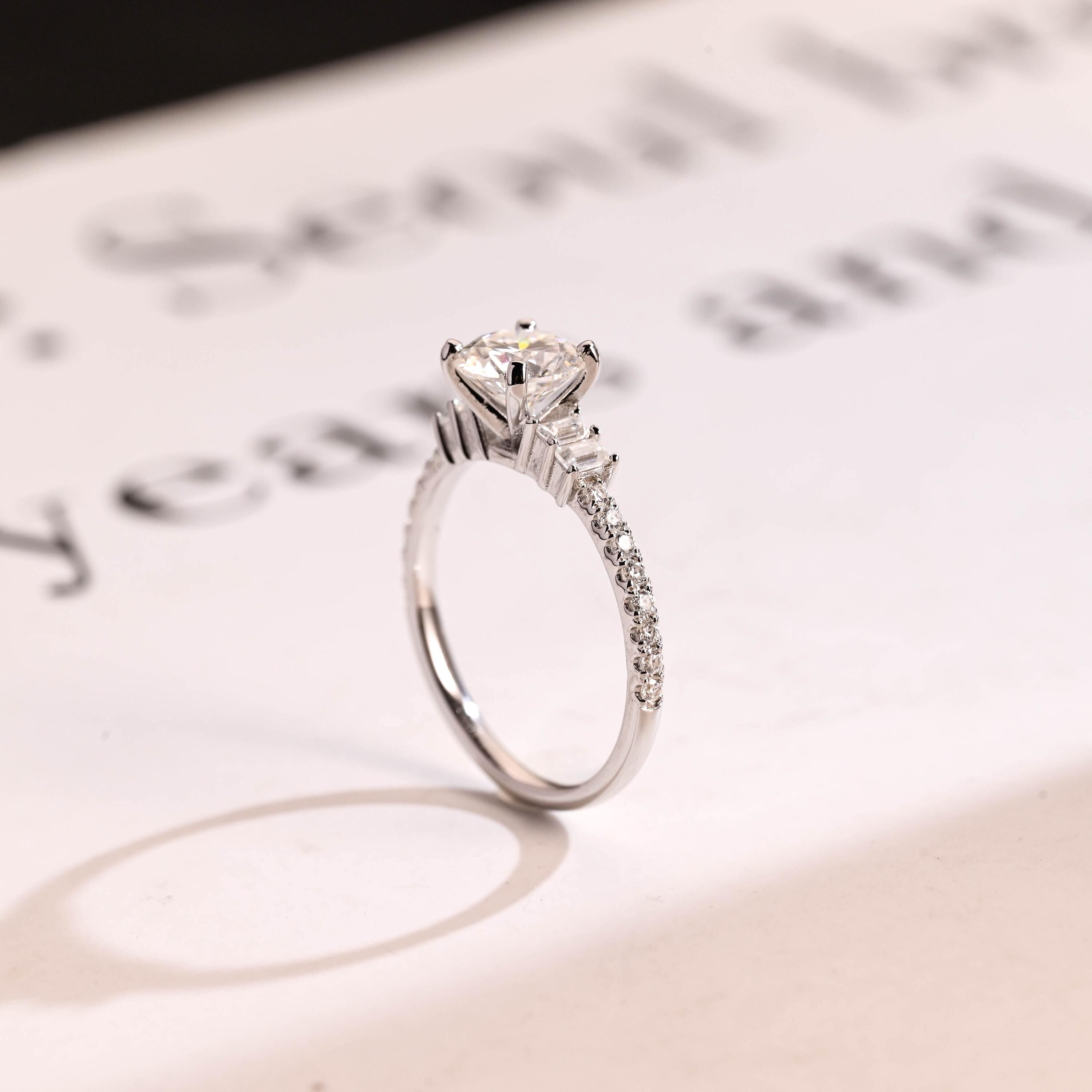 Solid Gold Round Moissanite Engagement Ring, Half Eternity Promise Ring Secondary image