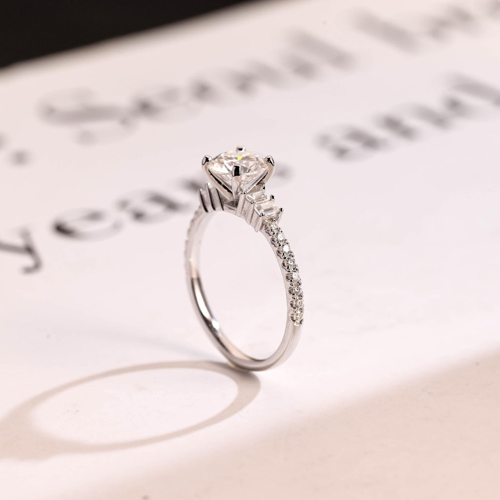 Solid Gold Round Moissanite Engagement Ring, Half Eternity Promise Ring