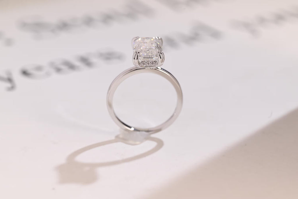 Solid Gold Double Prongs Emerald Cut Moissanite Engagement Ring, Promise Ring