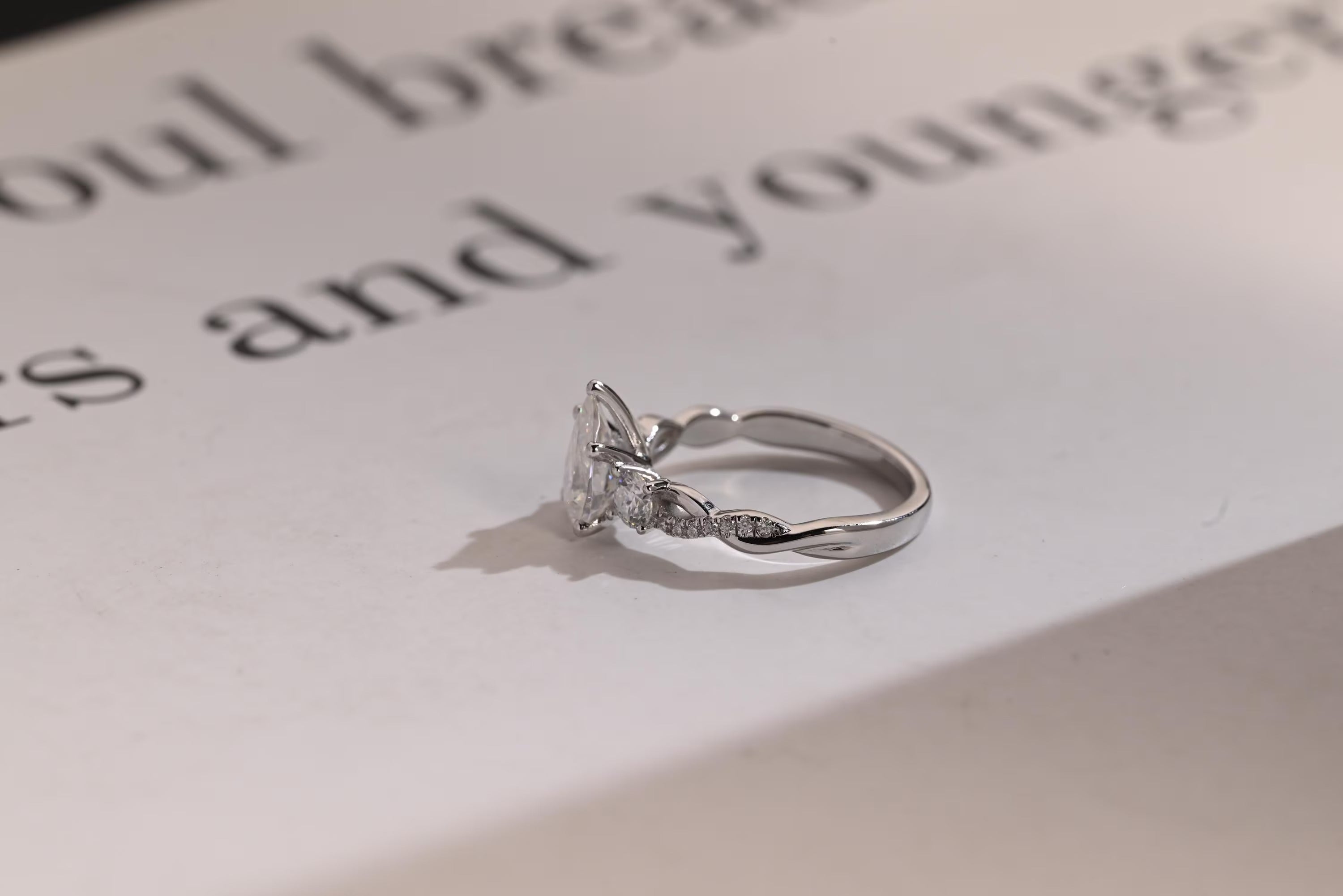Solid Gold Pear Moissanite Engagement Ring, Twisted Band Half Eternity Bridal Ring