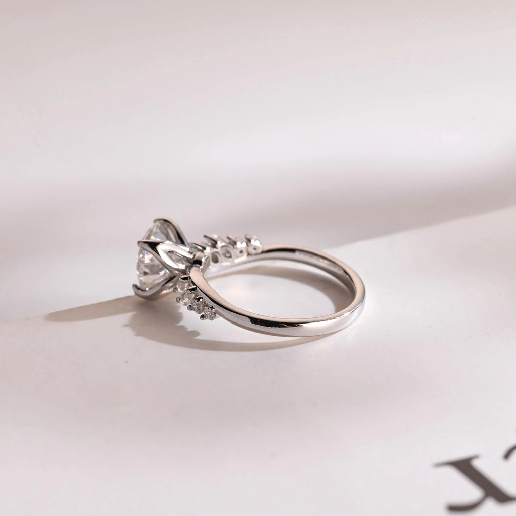 Solid Gold Round Cut Moissanite Engagement Ring, Anniversary for Her