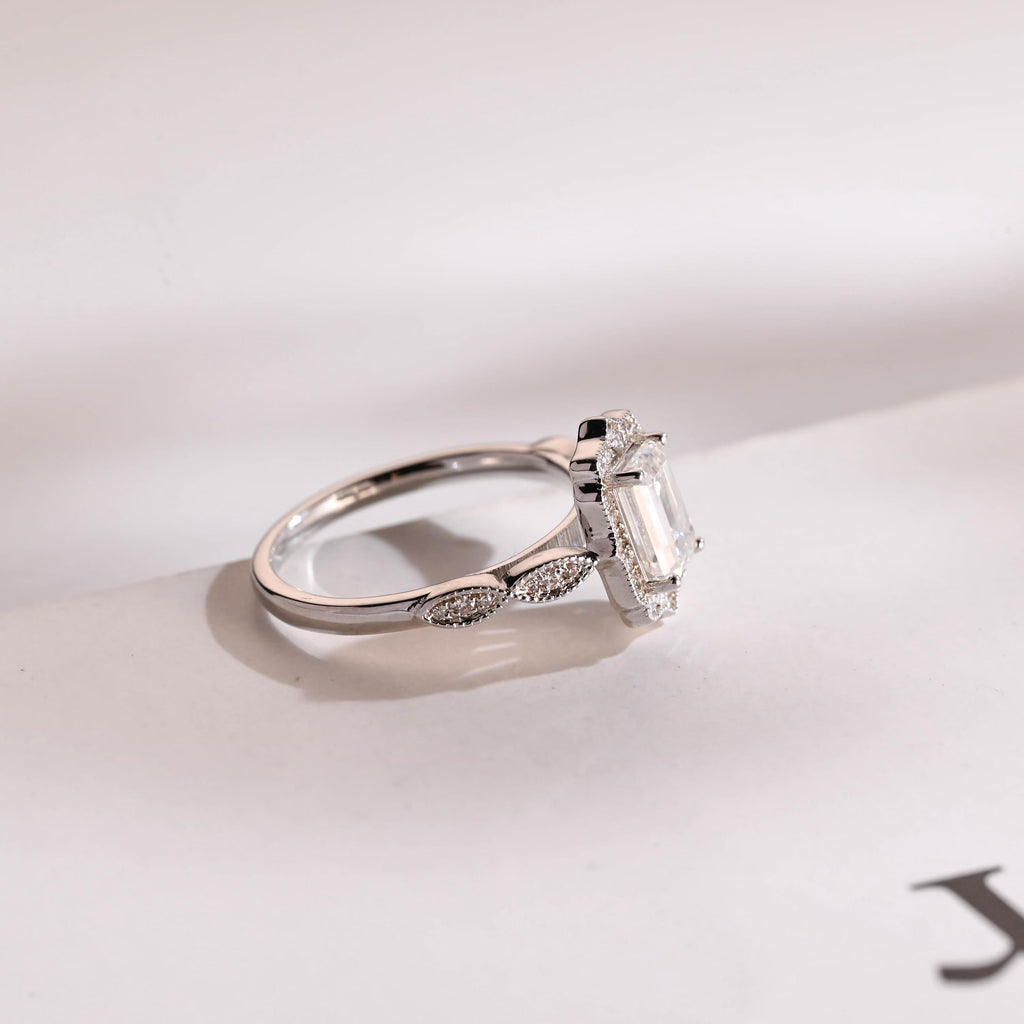 Solid Gold Emerald Cut Moissanite Engagement Ring, Beaded Halo Half Pave Ring