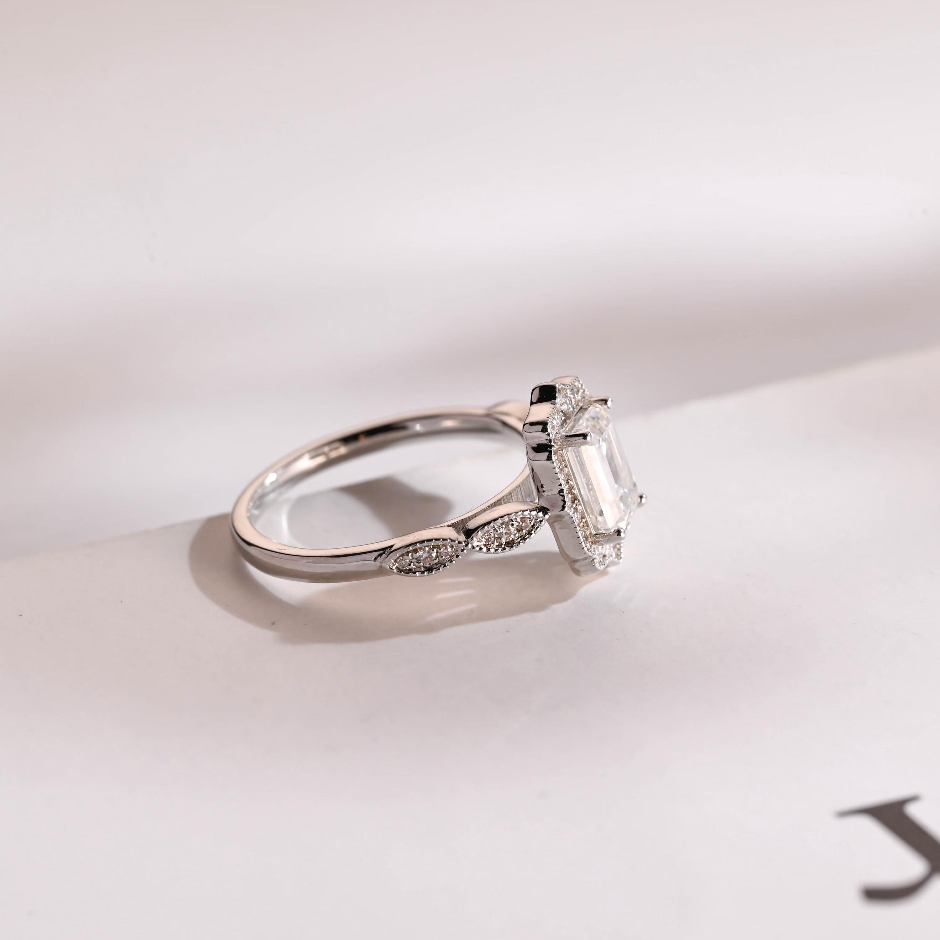 Solid Gold Emerald Cut Moissanite Engagement Ring, Beaded Halo Half Pave Ring