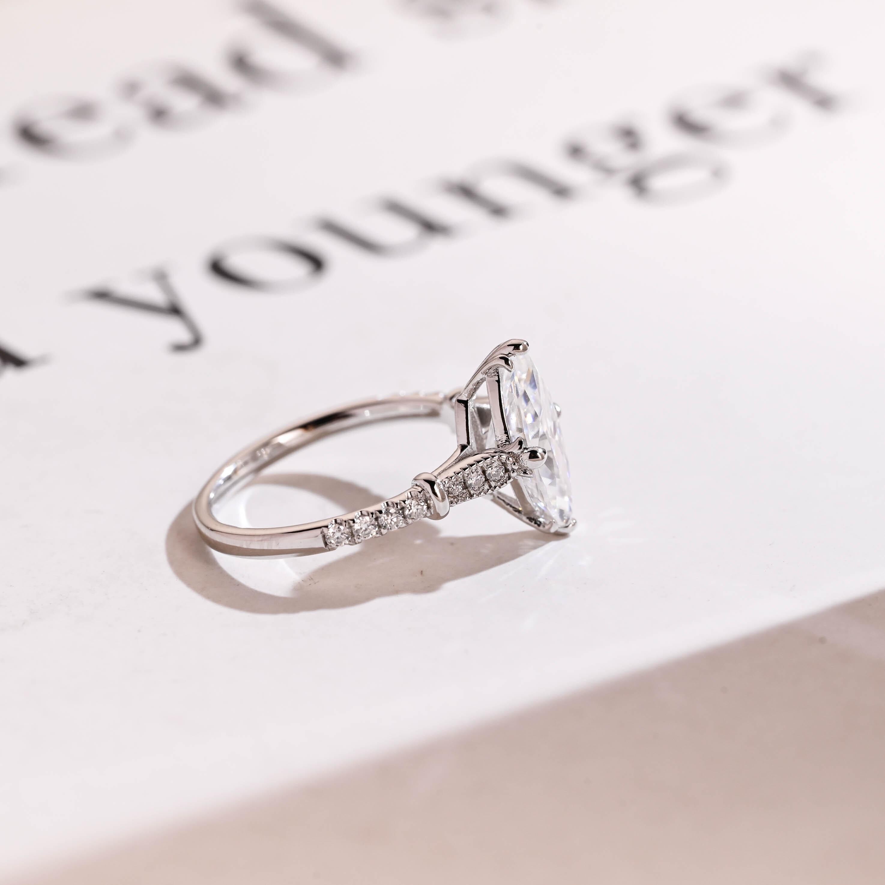 Solid Gold Half Eternity Marquise Cut Moissanite Engagement Ring, Proposal Ring