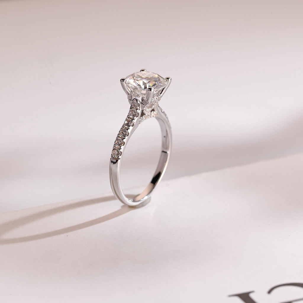 Solid Gold Hidden Halo Round Moissanite Engagement Ring, Half Eternity Promise Ring