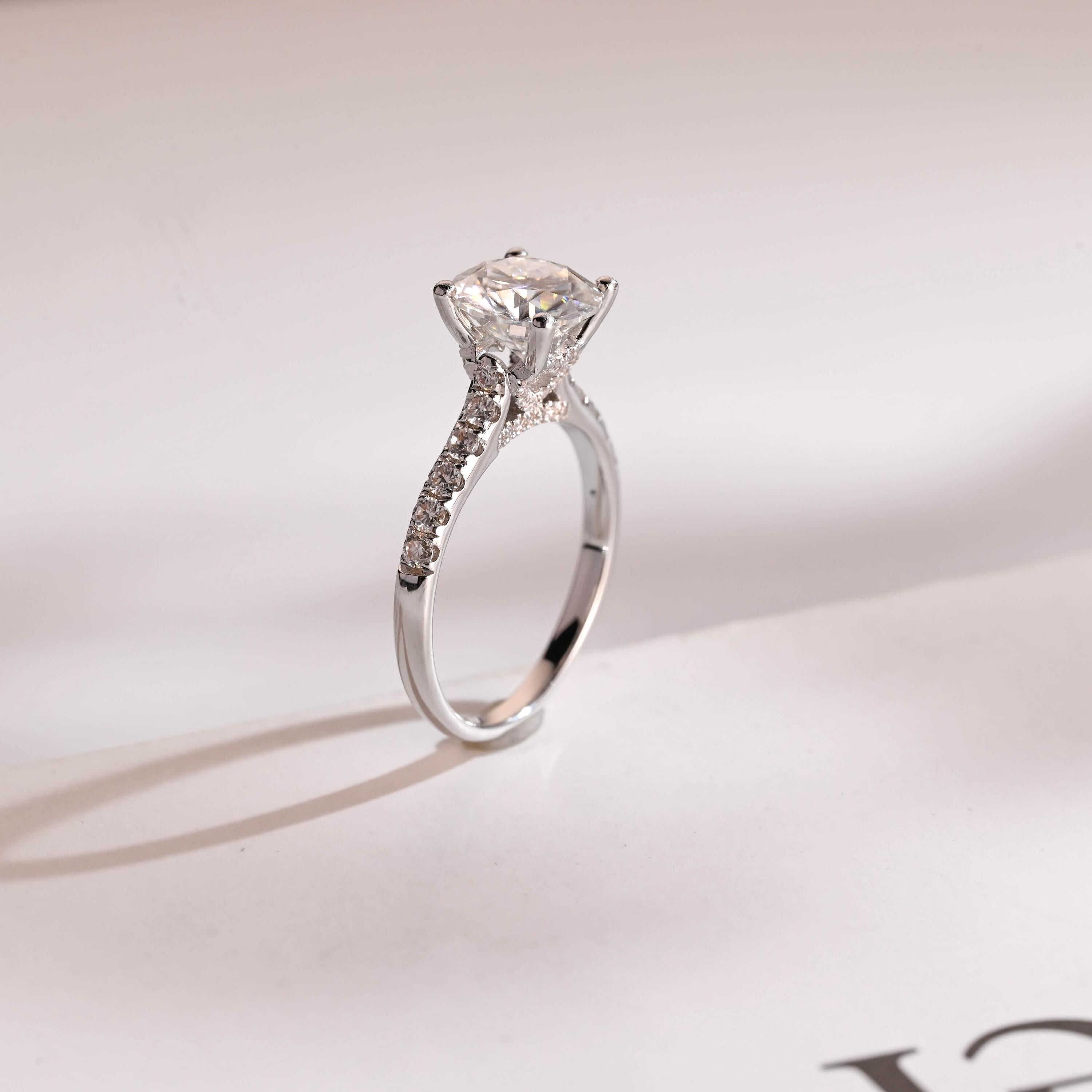 Solid Gold Hidden Halo Round Moissanite Engagement Ring, Half Eternity Promise Ring