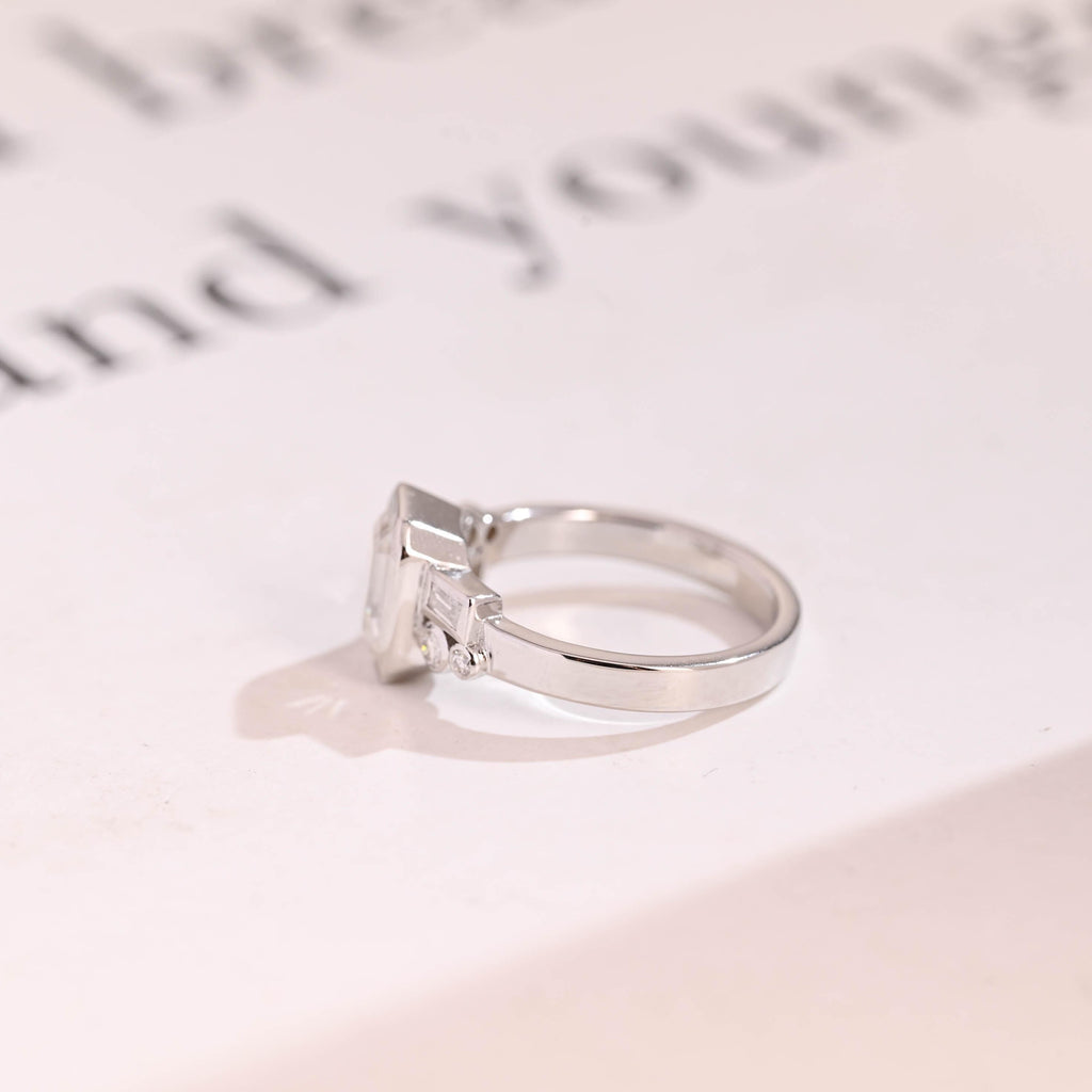 Solid Gold Bezel Emerald Cut Moissanite Engagement Ring, Dainty Cluster Promise Ring