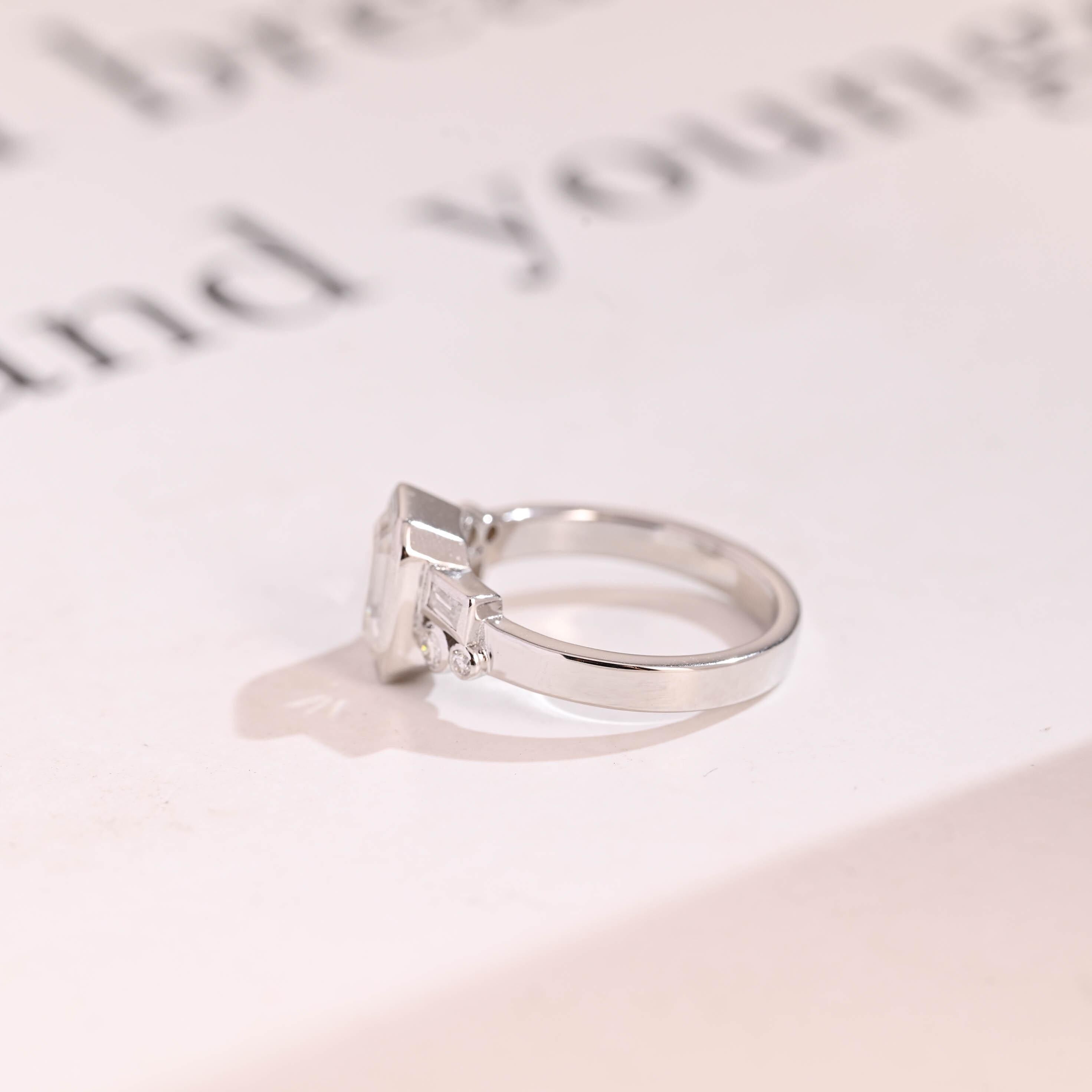 Solid Gold Bezel Emerald Cut Moissanite Engagement Ring, Dainty Cluster Promise Ring