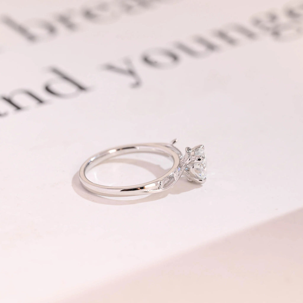 Solid Gold Round Moissanite Engagement Ring, Nature Inspired Proposal Ring