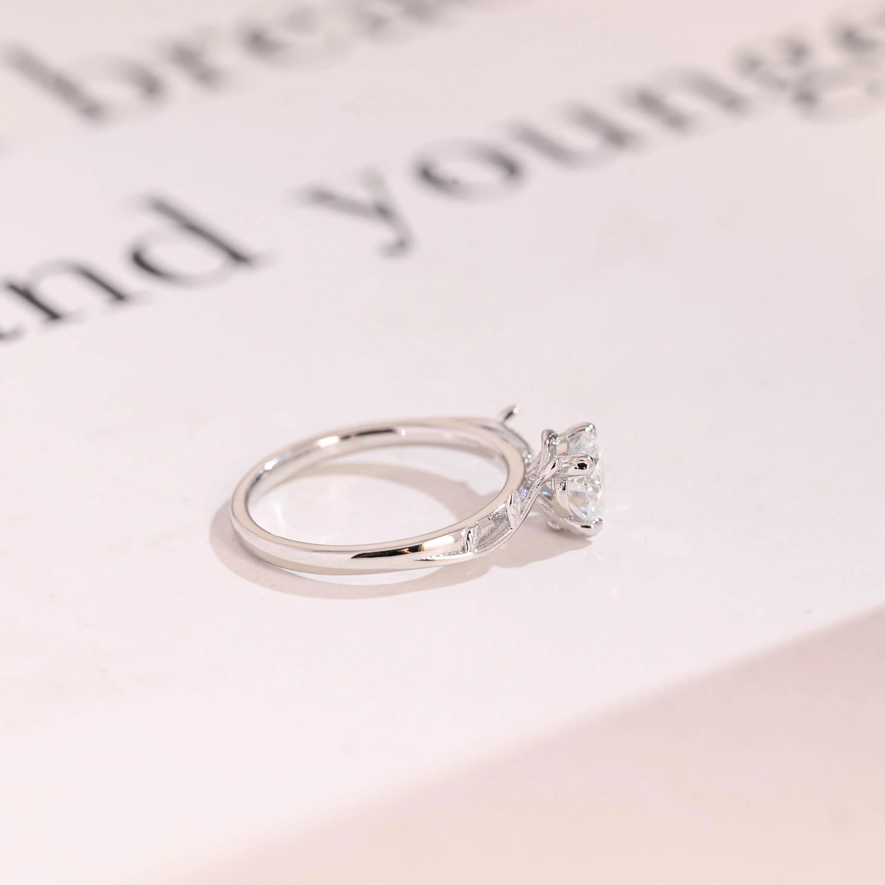 Solid Gold Round Moissanite Engagement Ring, Nature Inspired Proposal Ring