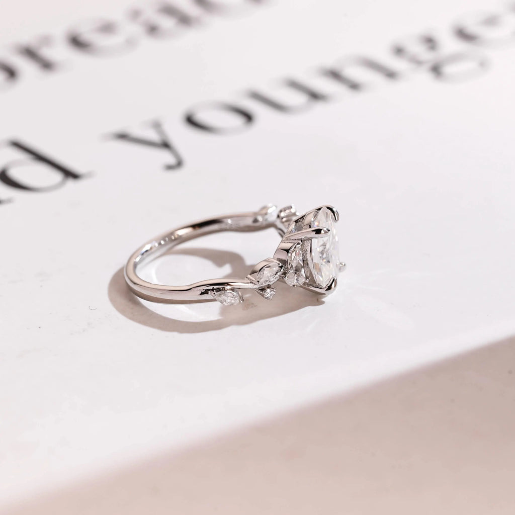 Solid Gold Oval Cut Moissanite Engagement Ring, Dainty Leaf Ring