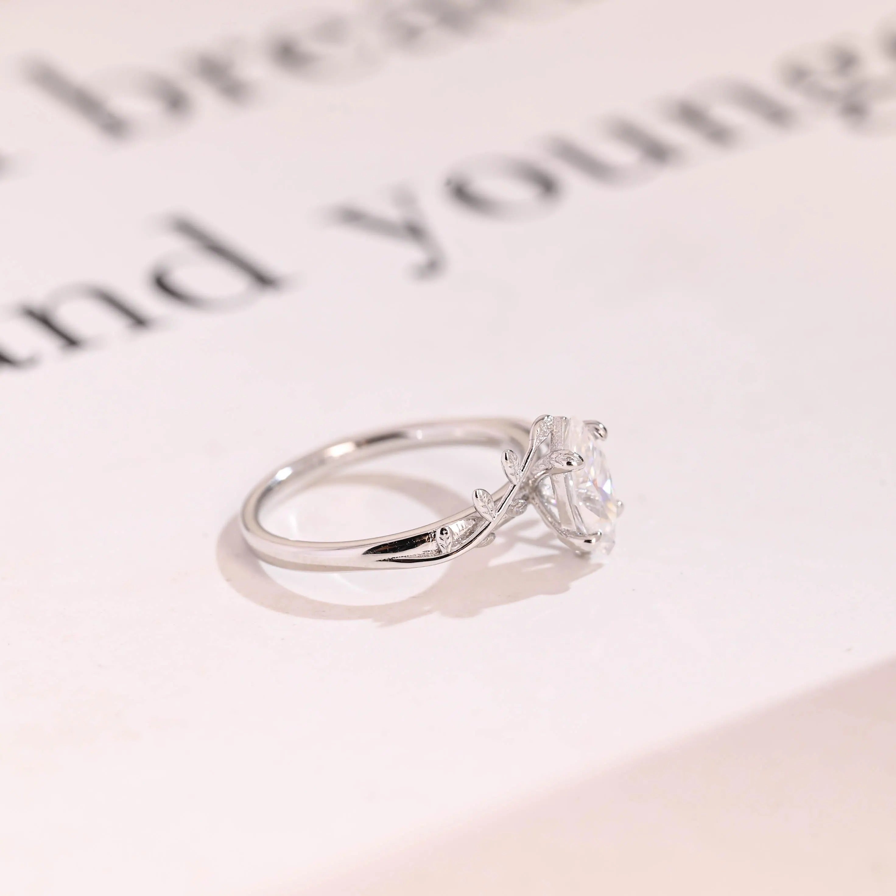 Solid Gold Leaf Ring, Marquise Moissanite Engagement Ring, Proposal Ring