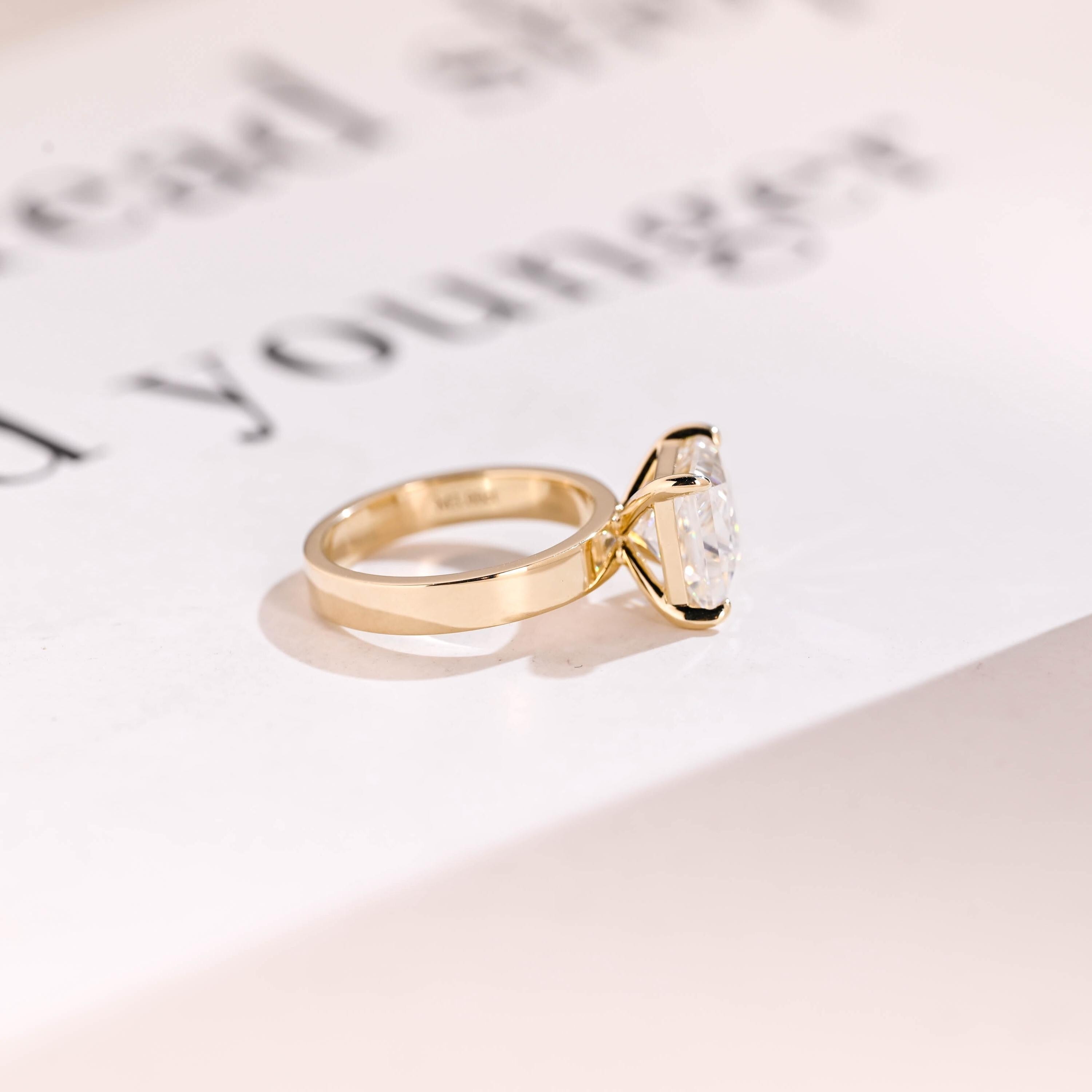 Solid Gold Princess Moissanite Engagement Ring, 3mm Wide Band Bridal Ring
