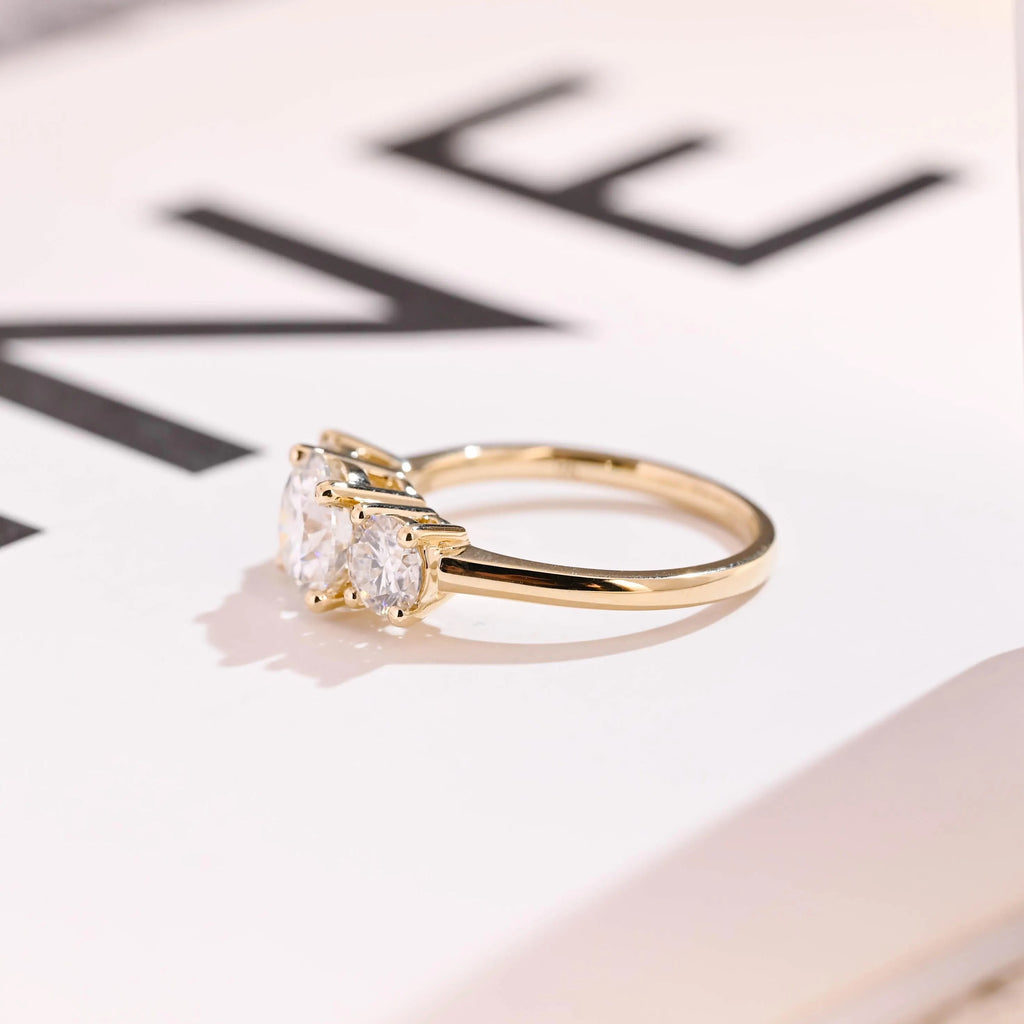 Solid Gold Three Stone Round Cut Moissanite Engagement Ring