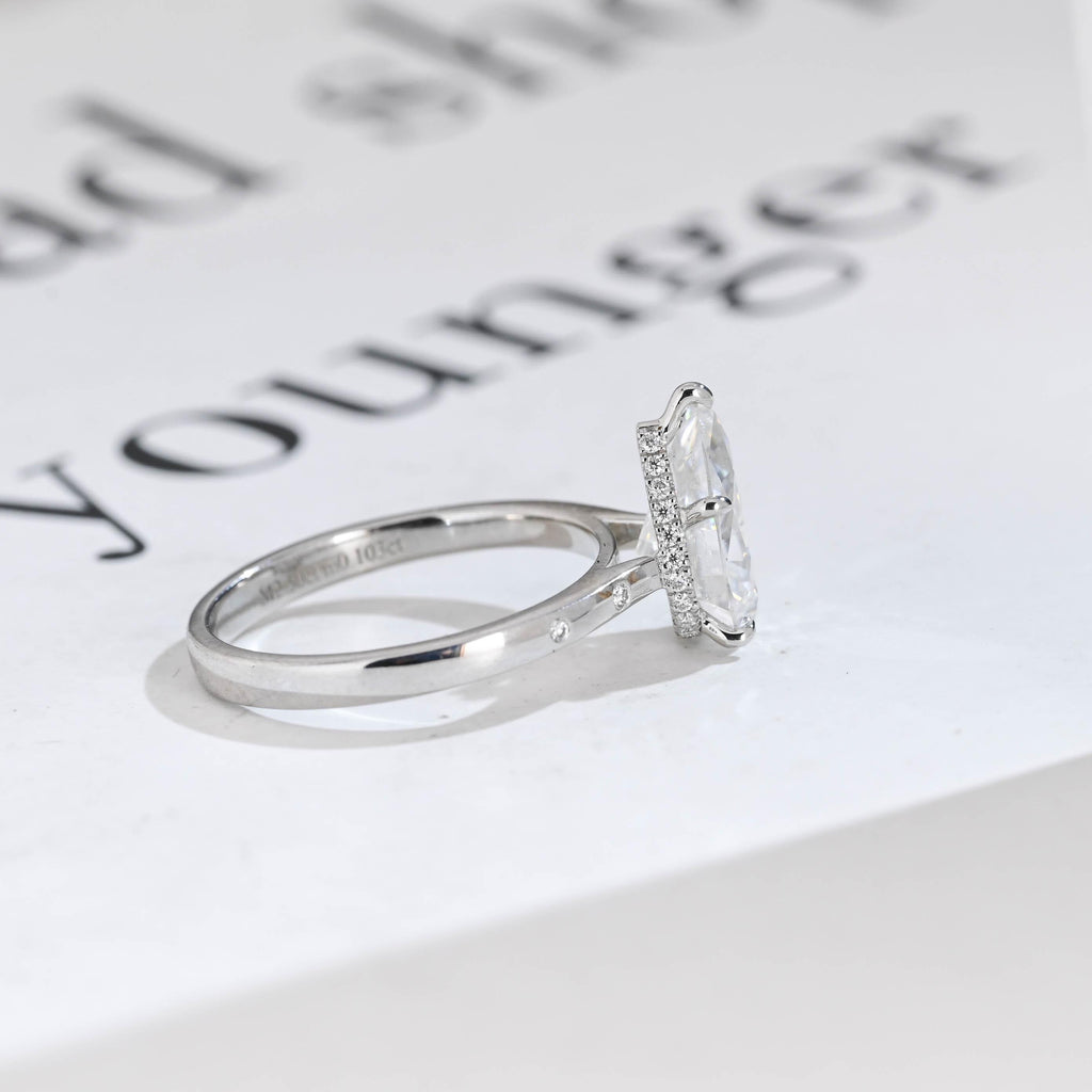 Solid Gold Pear Moissanite Engagement Ring with Hidden Halo