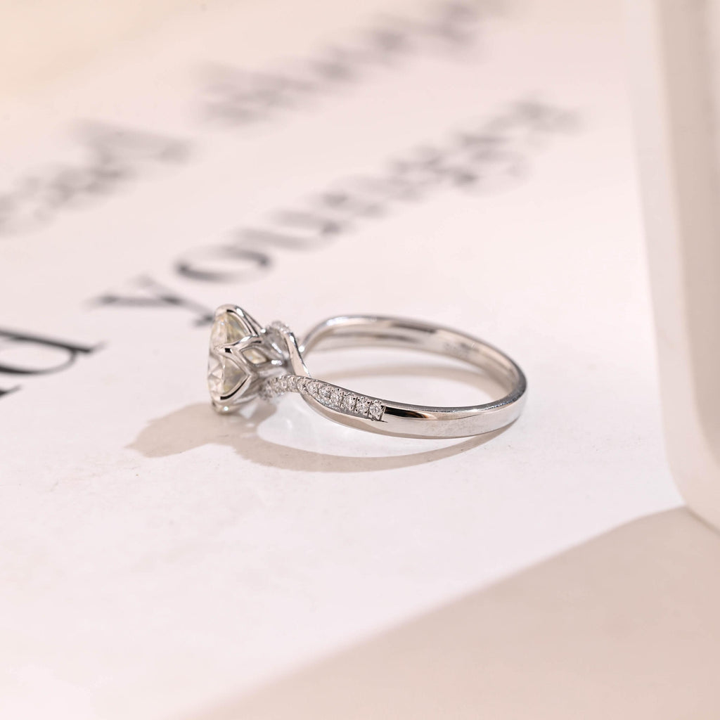Solid Gold Floral Round Moissanite Engagement Ring, Twisted Band Anniversary Ring