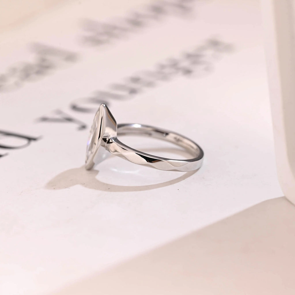 Solid Gold Marquise Moissanite Engagement Ring, Minimalist Bezel Ring