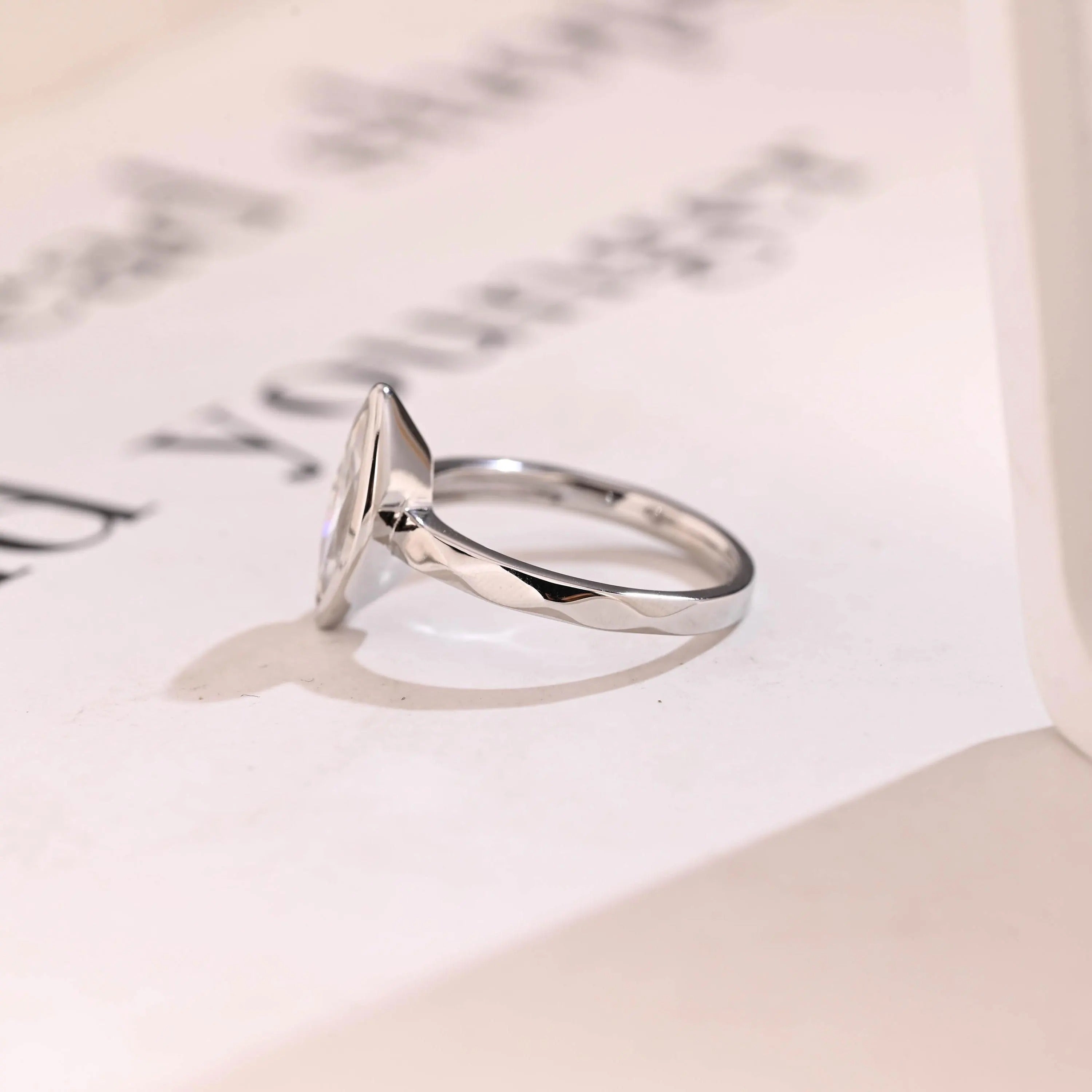 Solid Gold Marquise Moissanite Engagement Ring, Minimalist Bezel Ring