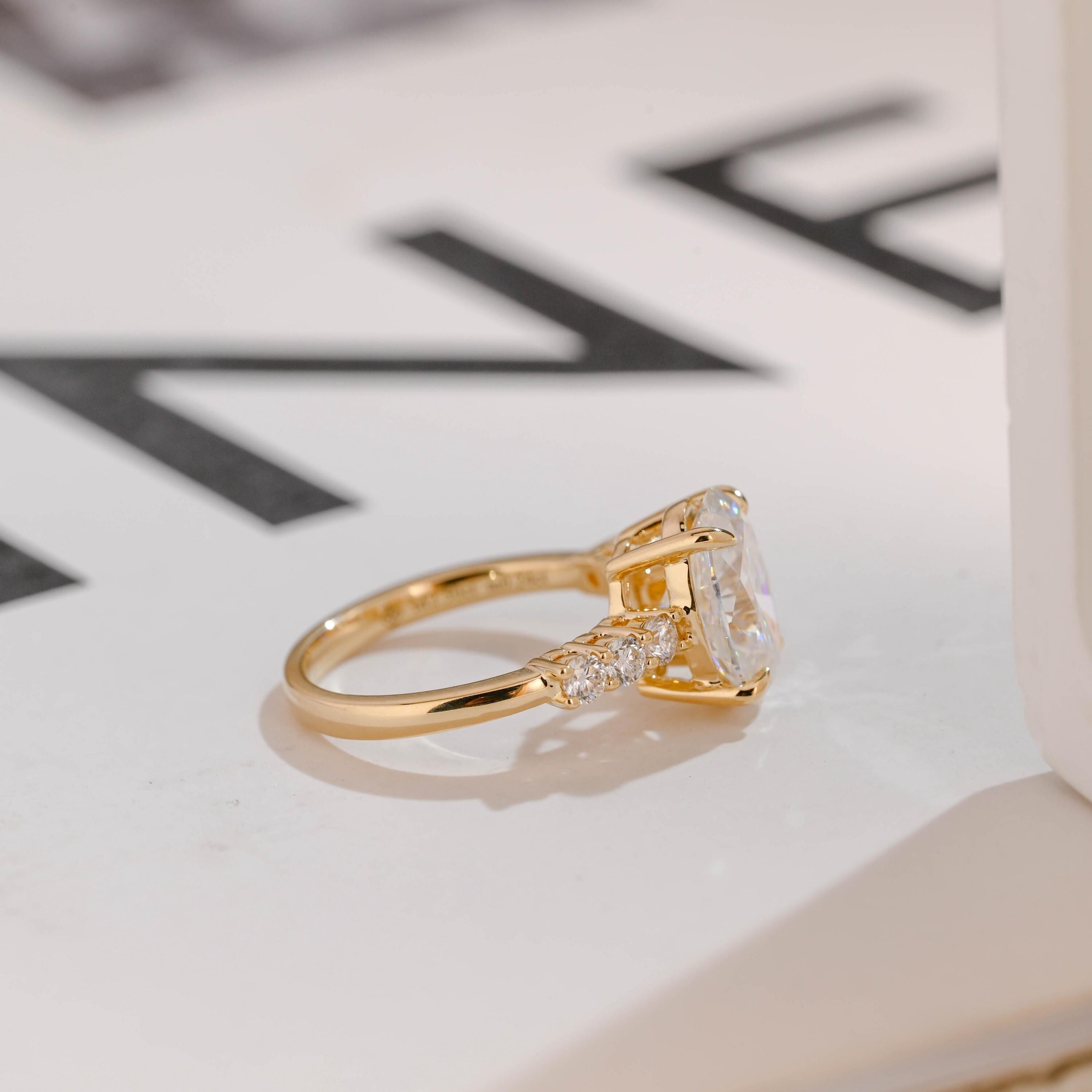 Solid Gold Oval Moissanite Engagement Ring, Half Eternity Promise Ring