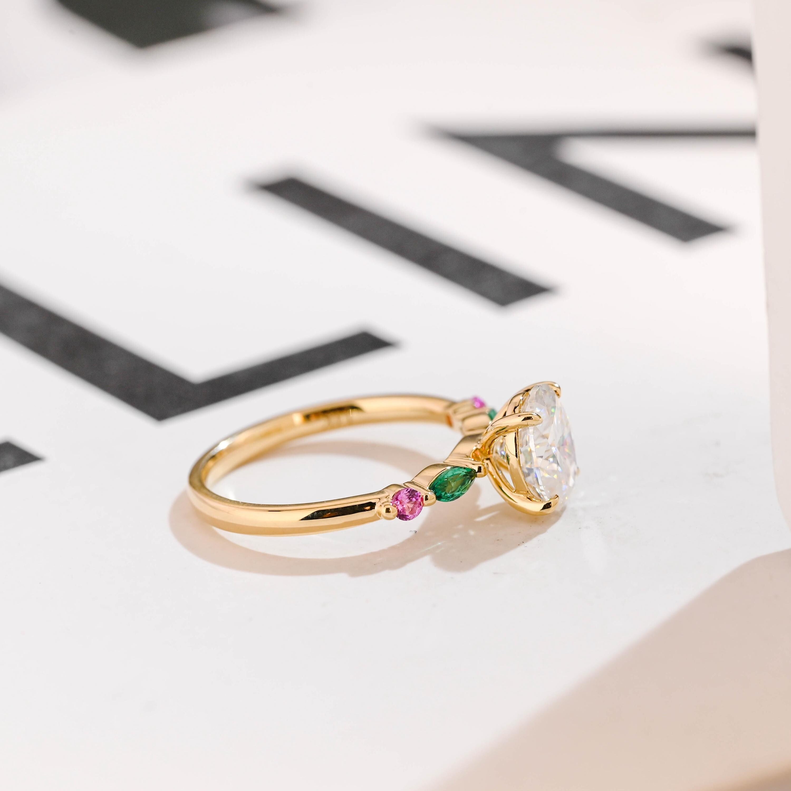 Solid Gold Oval Moissanite Engagement Ring with Ruby & Emerald