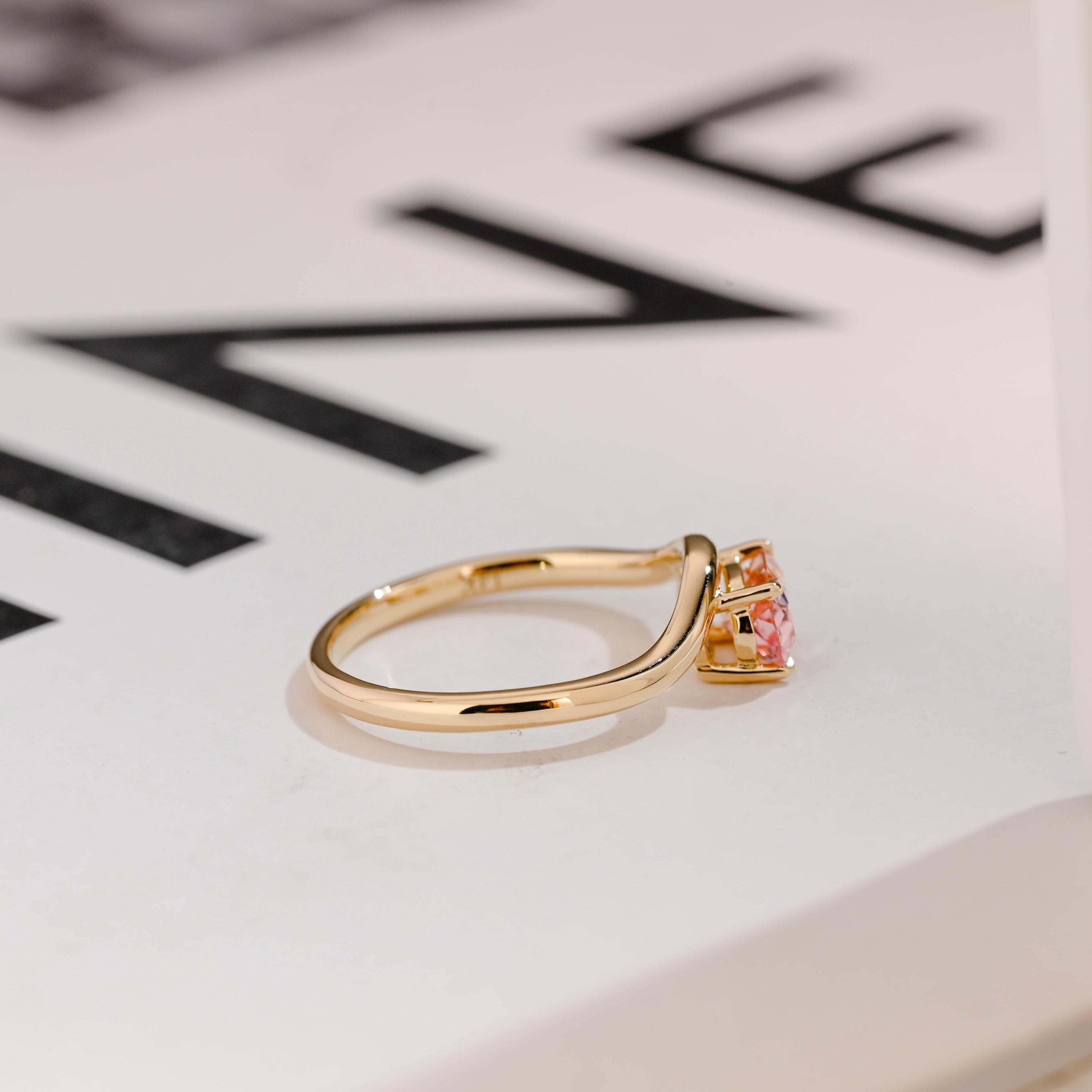 Solid Gold Oval Cut Moissanite Pink Sapphire Engagement Ring, Promise Ring Secondary image