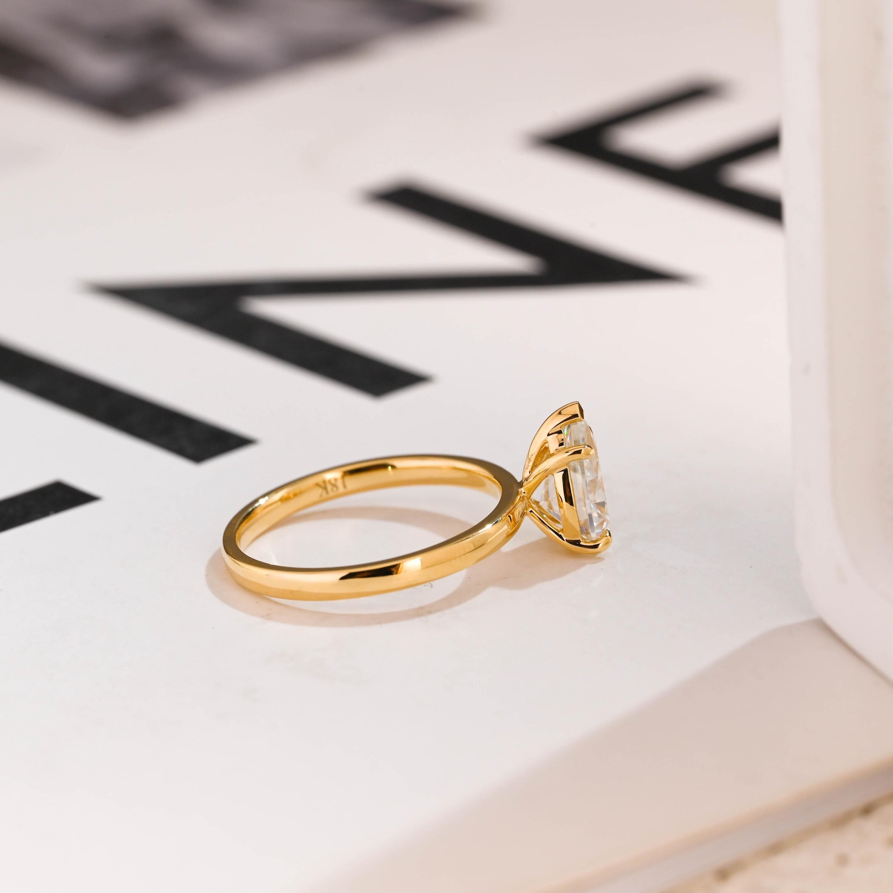 Solid Gold Minimalist Pear Moissanite Engagement Ring, Dainty Promise Ring