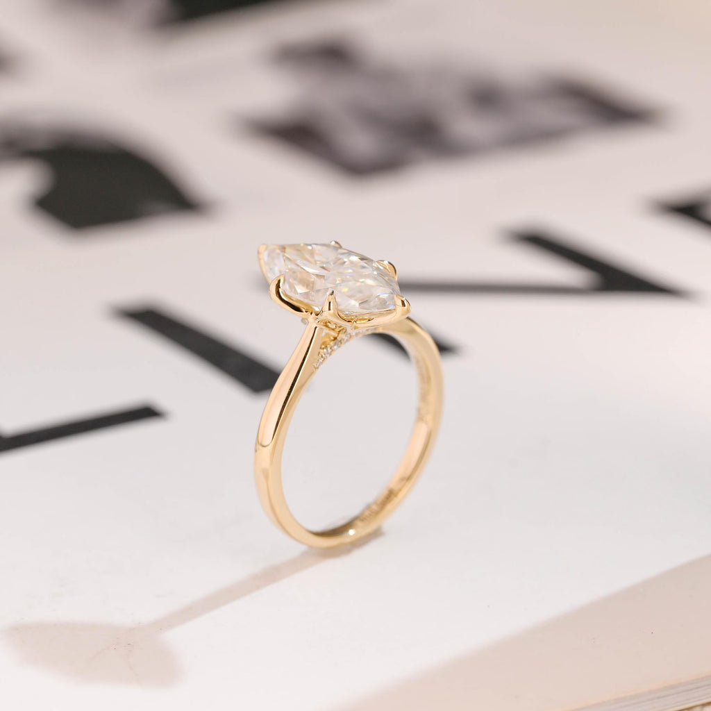 Solid Gold Tulip Floral Ring, Marquise Moissanite Engagement Ring, Cathedral Ring