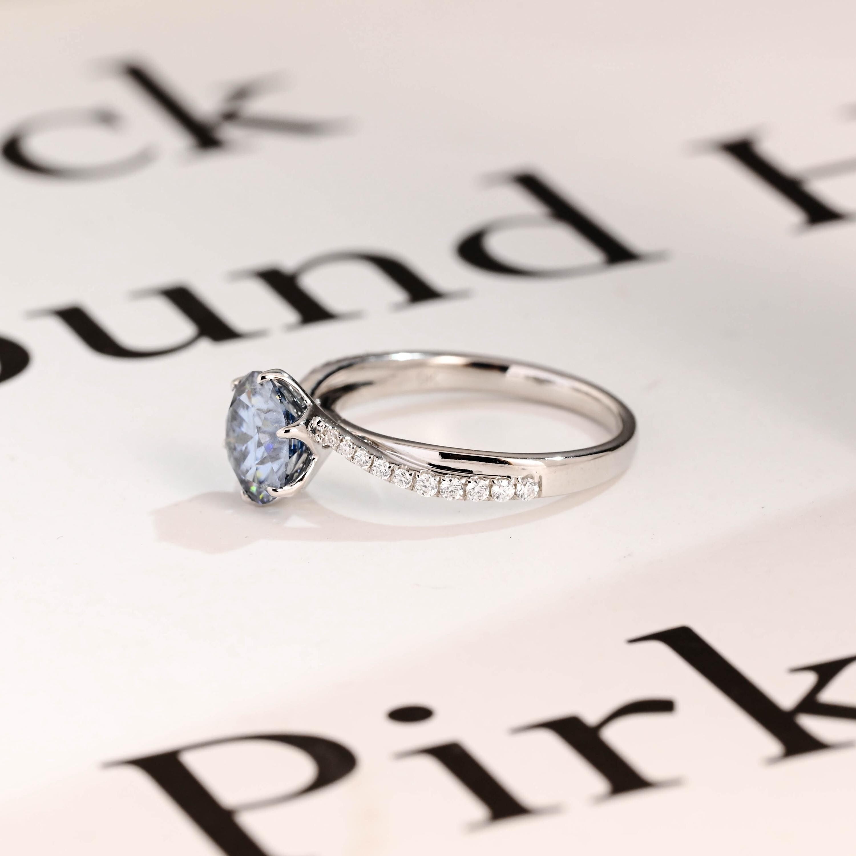 Solid Gold Round Cut Blue Moissanite Engagement Ring, Tulip Floral Bridal Ring