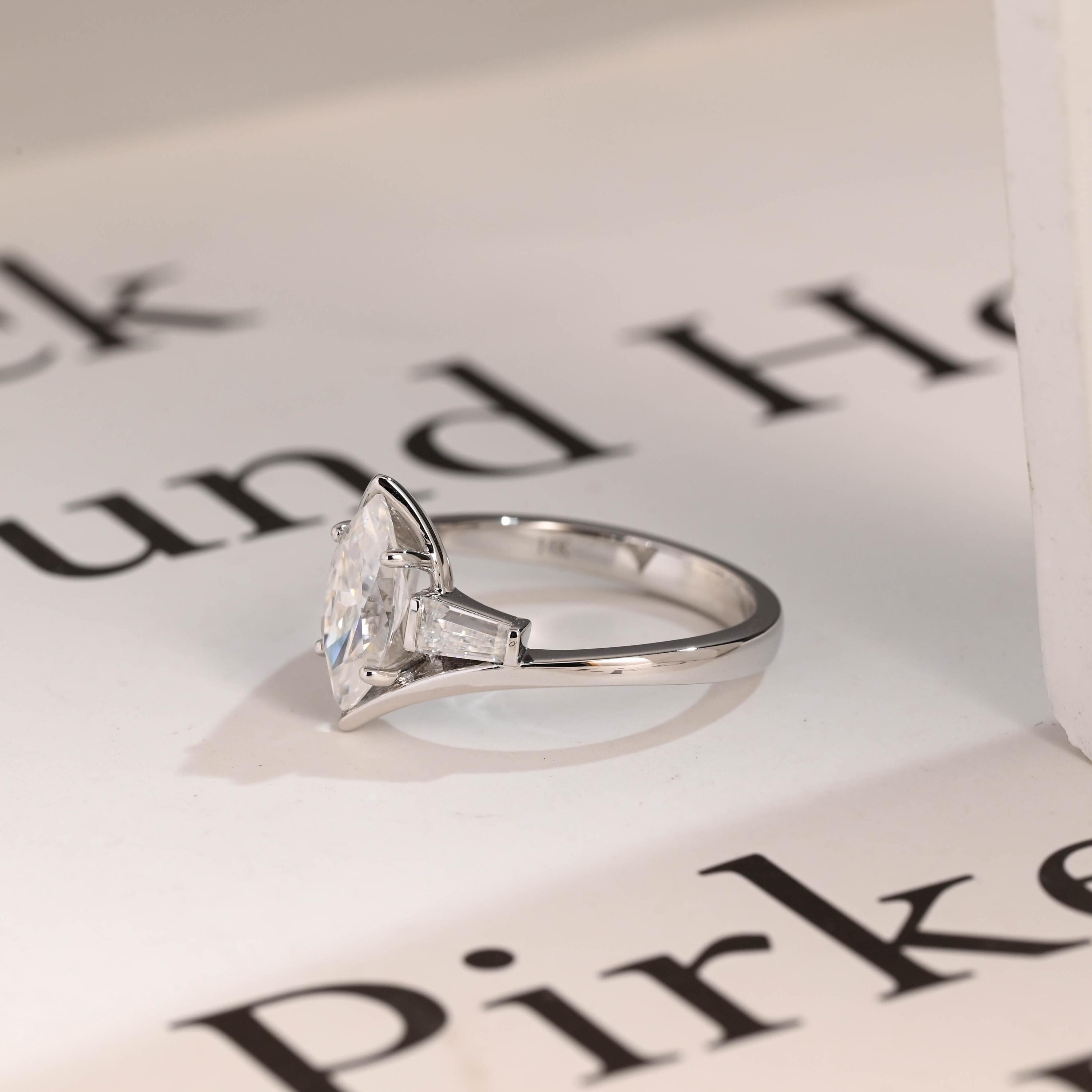 Solid Gold Marquise Moissanite Engagement Ring, Bezel Three Stone Ring